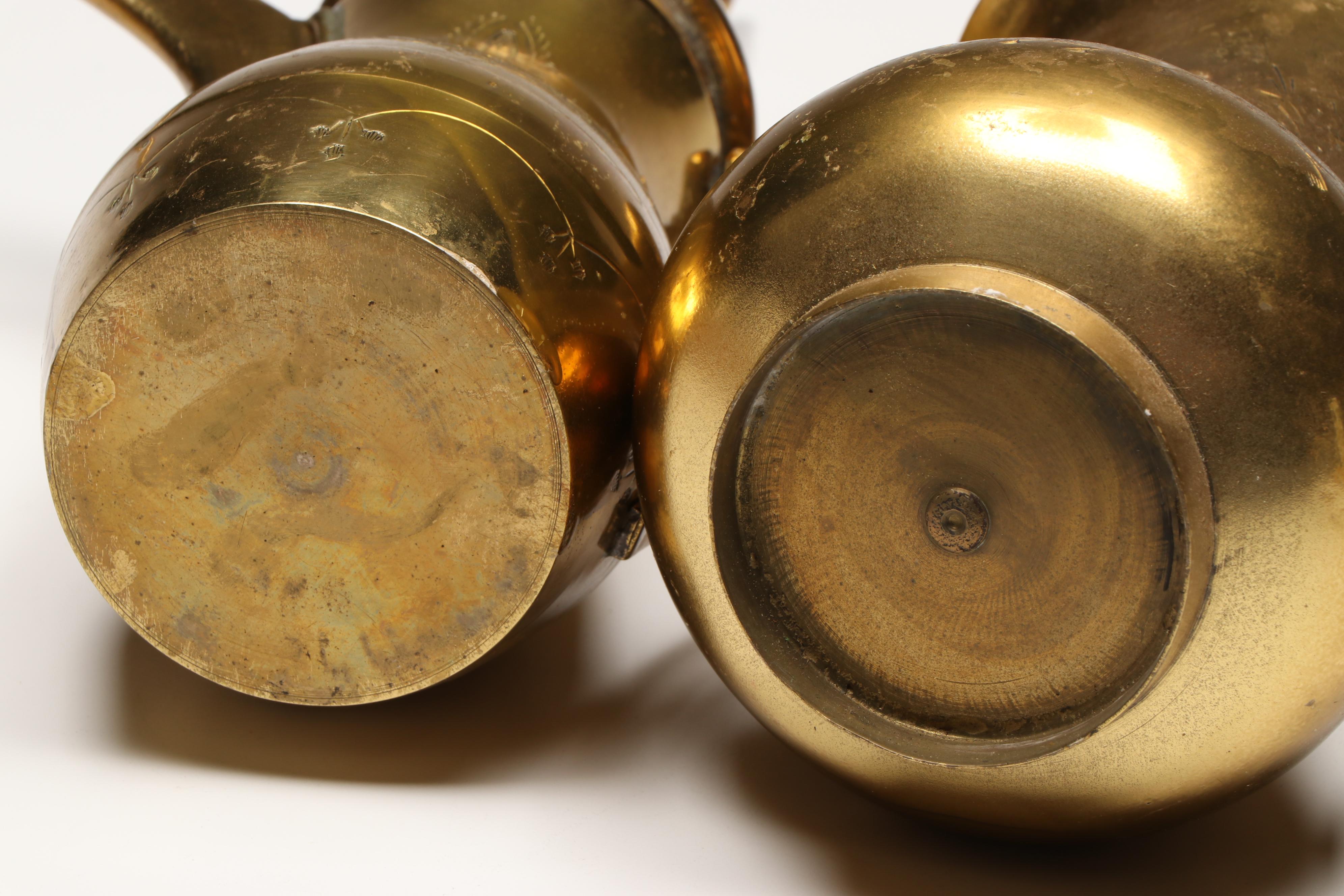 Indian Brass Candle Holders with Pitchers and Mexican Aztec Style Brass Plate