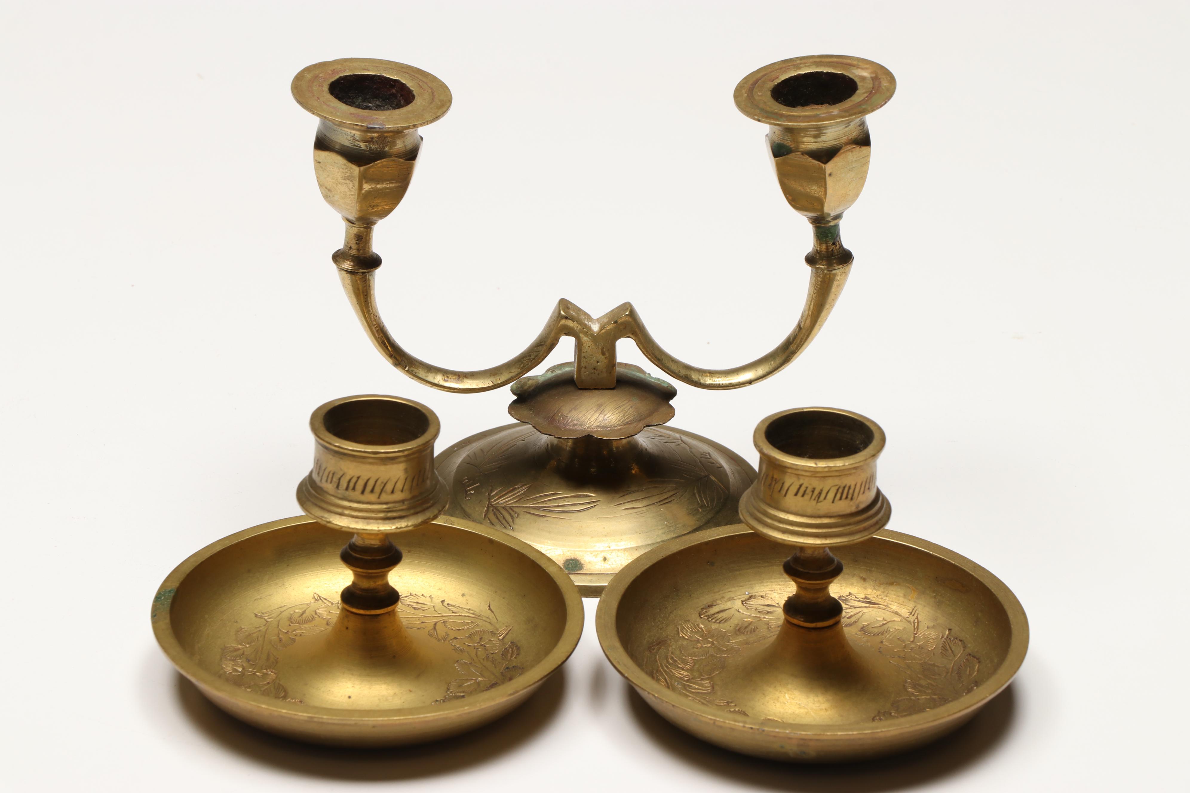 Indian Brass Candle Holders with Pitchers and Mexican Aztec Style Brass Plate