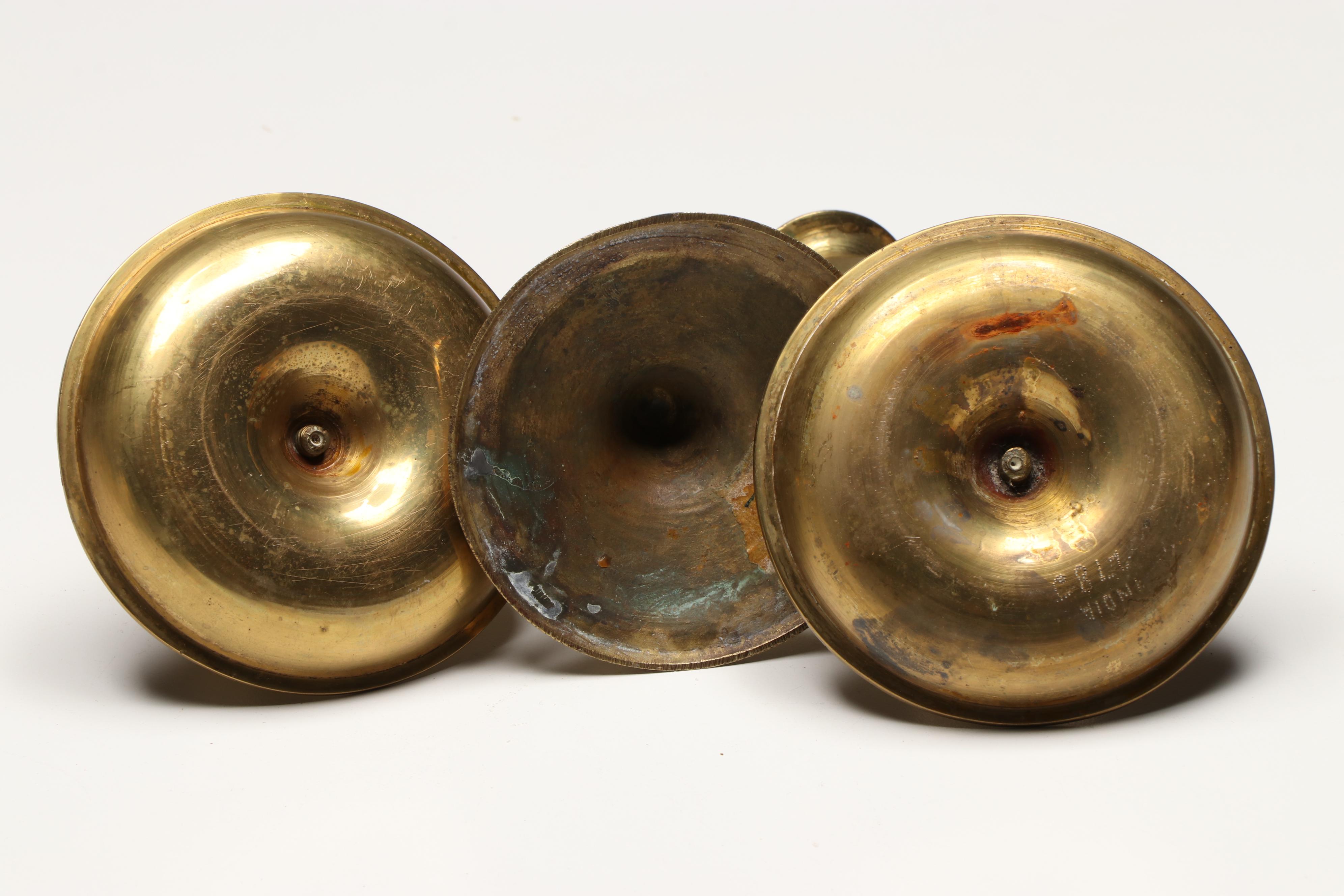 Indian Brass Candle Holders with Pitchers and Mexican Aztec Style Brass Plate