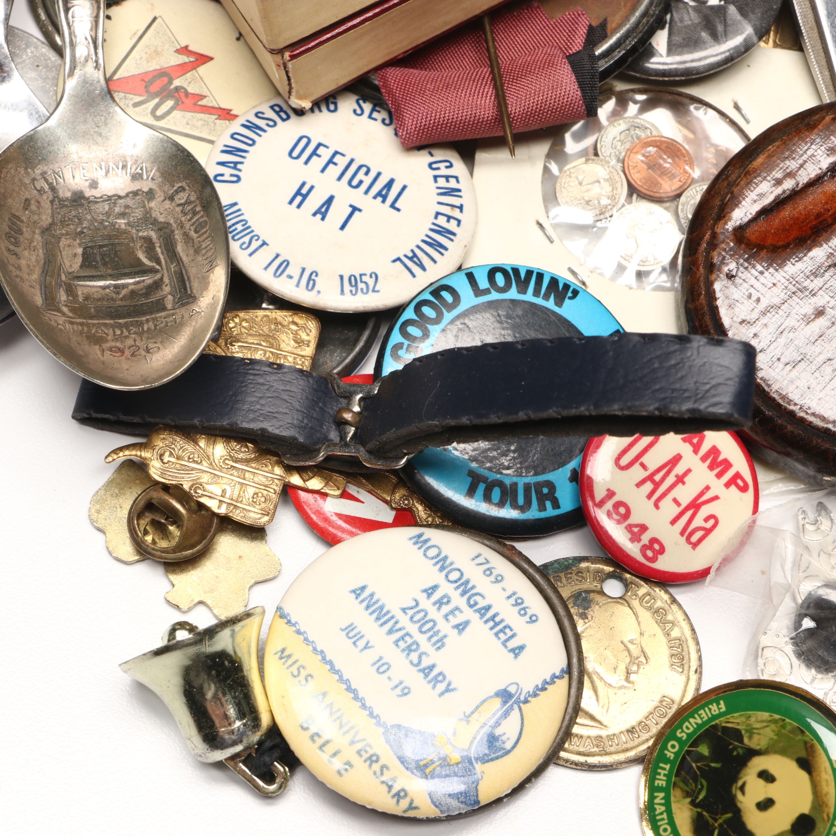 Collection of Pinbacks, Patches, Souvenir Spoons, and More Souvenirs