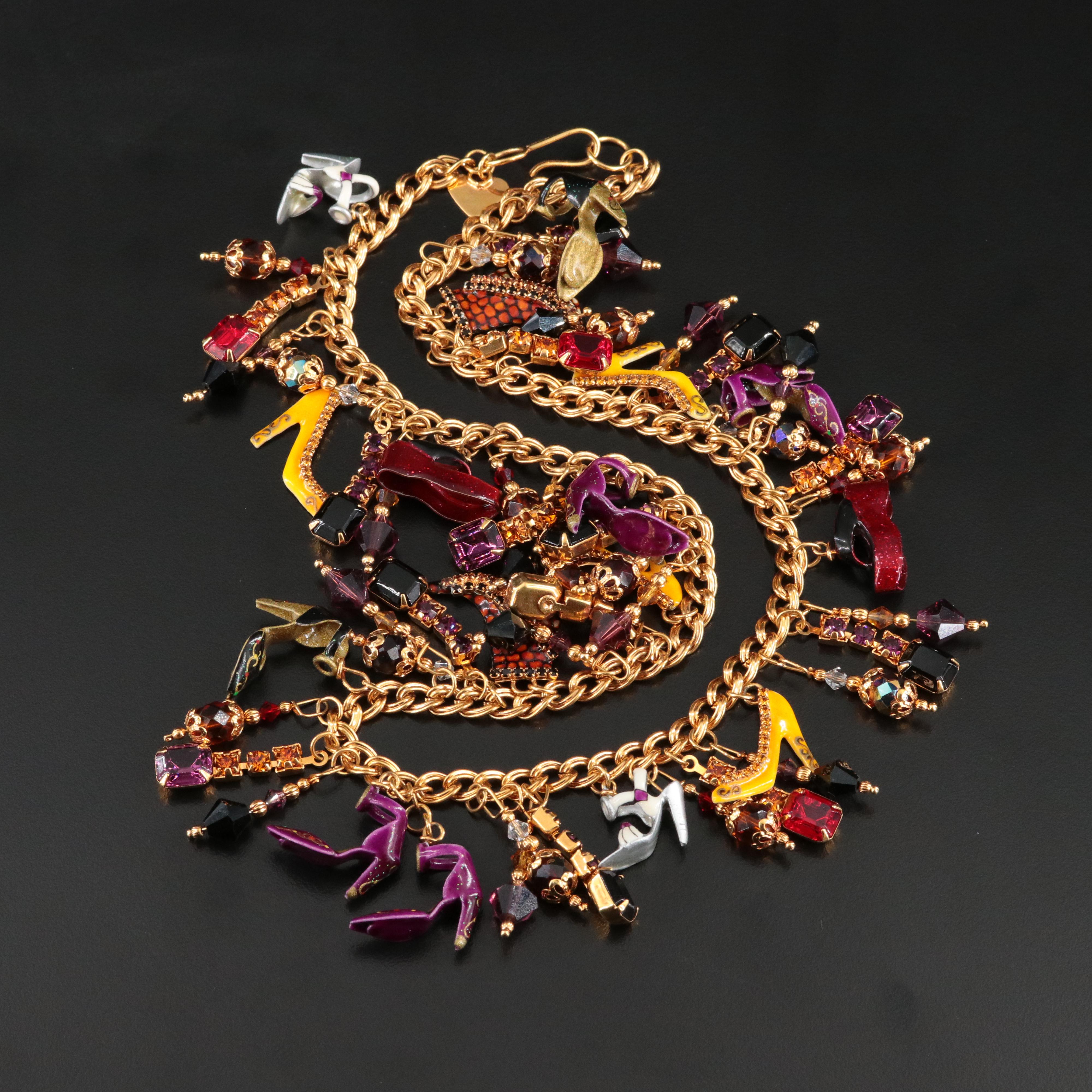 Lunch at the Ritz Heels and Shoes Fringe Necklace with Rhinestones and Enamel