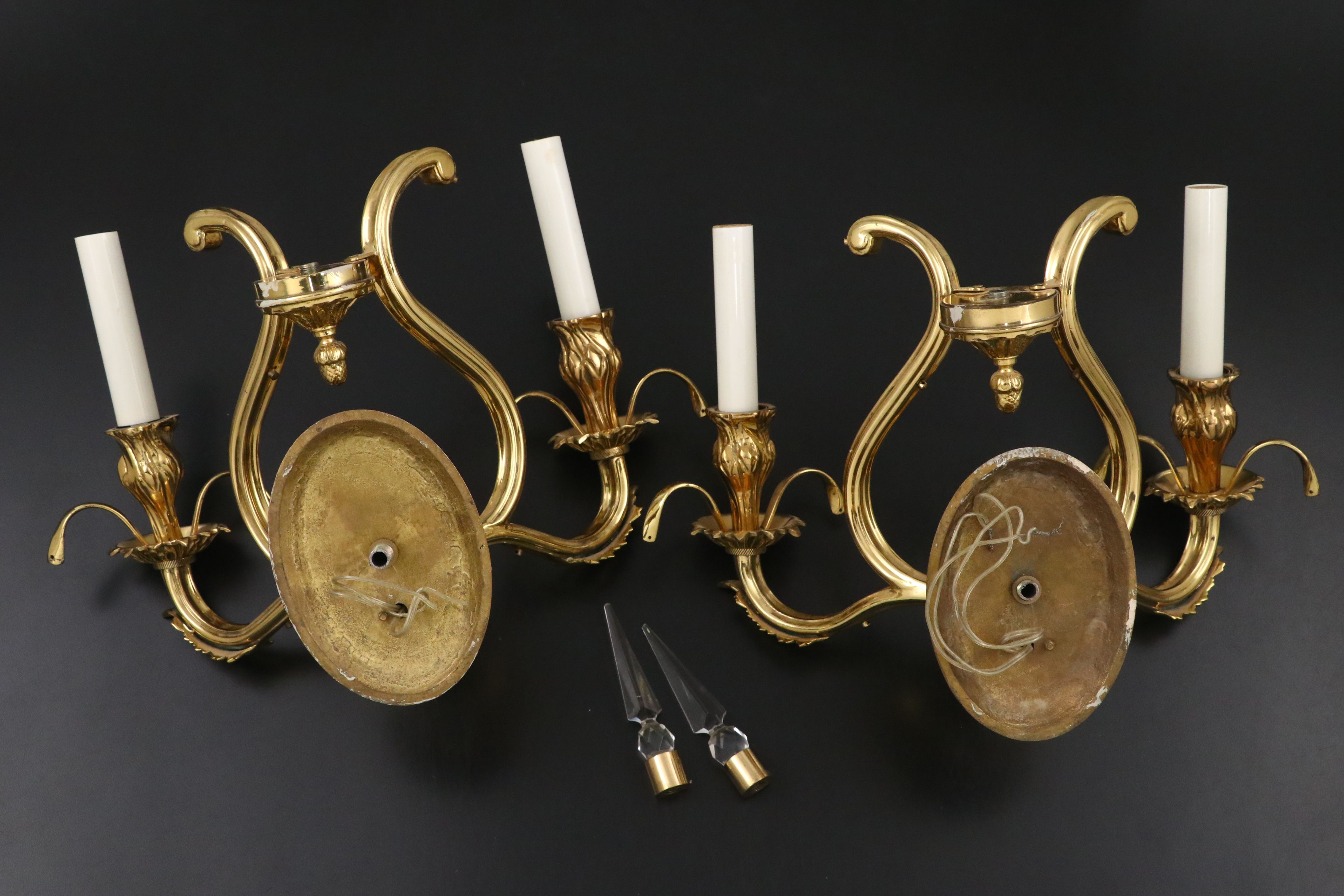 Pair of Empire Style Lacquered Brass Candlestick Wall Sconces