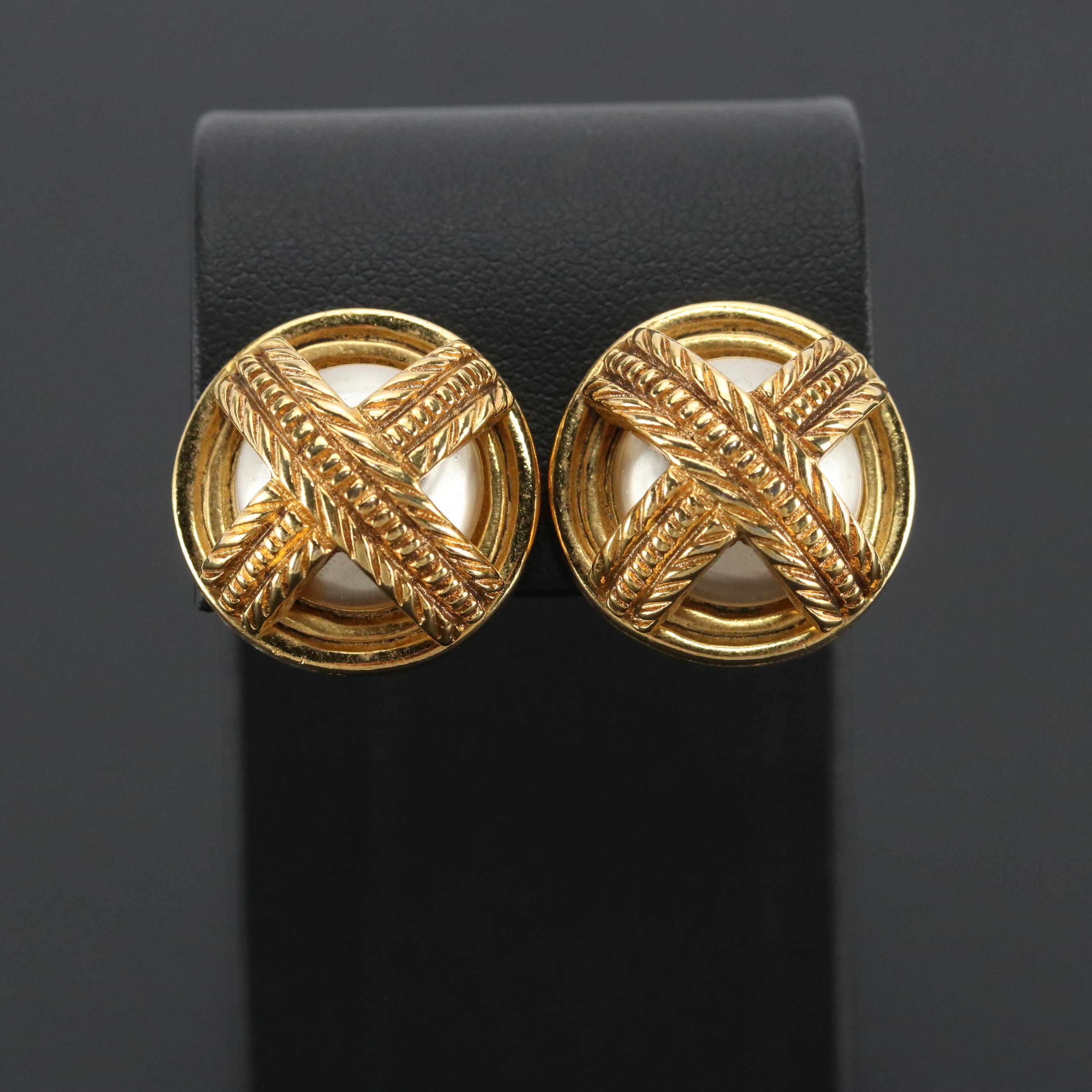 Chanel Faux Pearl Button Clip-On Earrings