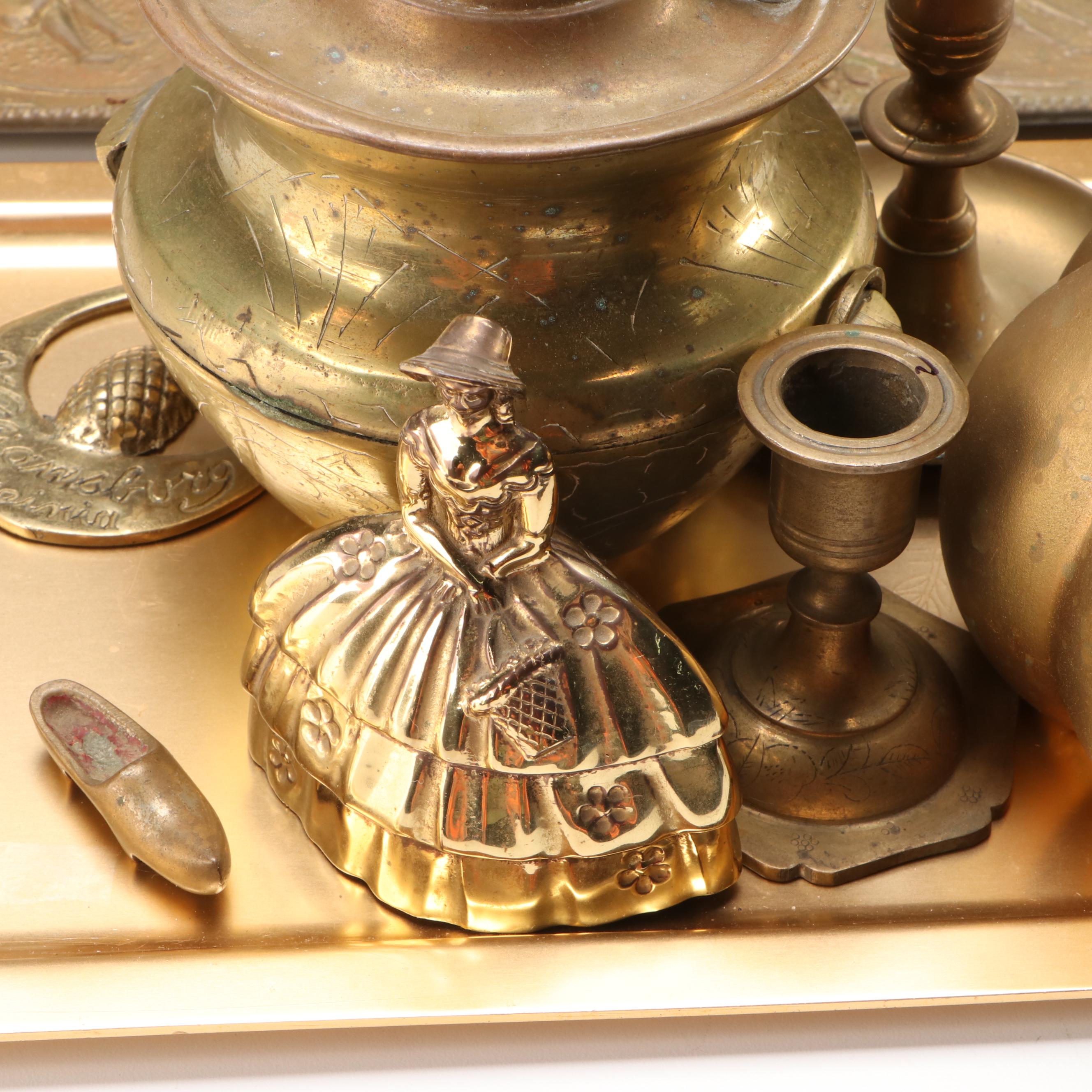 Etched Brass Urns, Brass Figural Bell, Candle Holders and More Décor