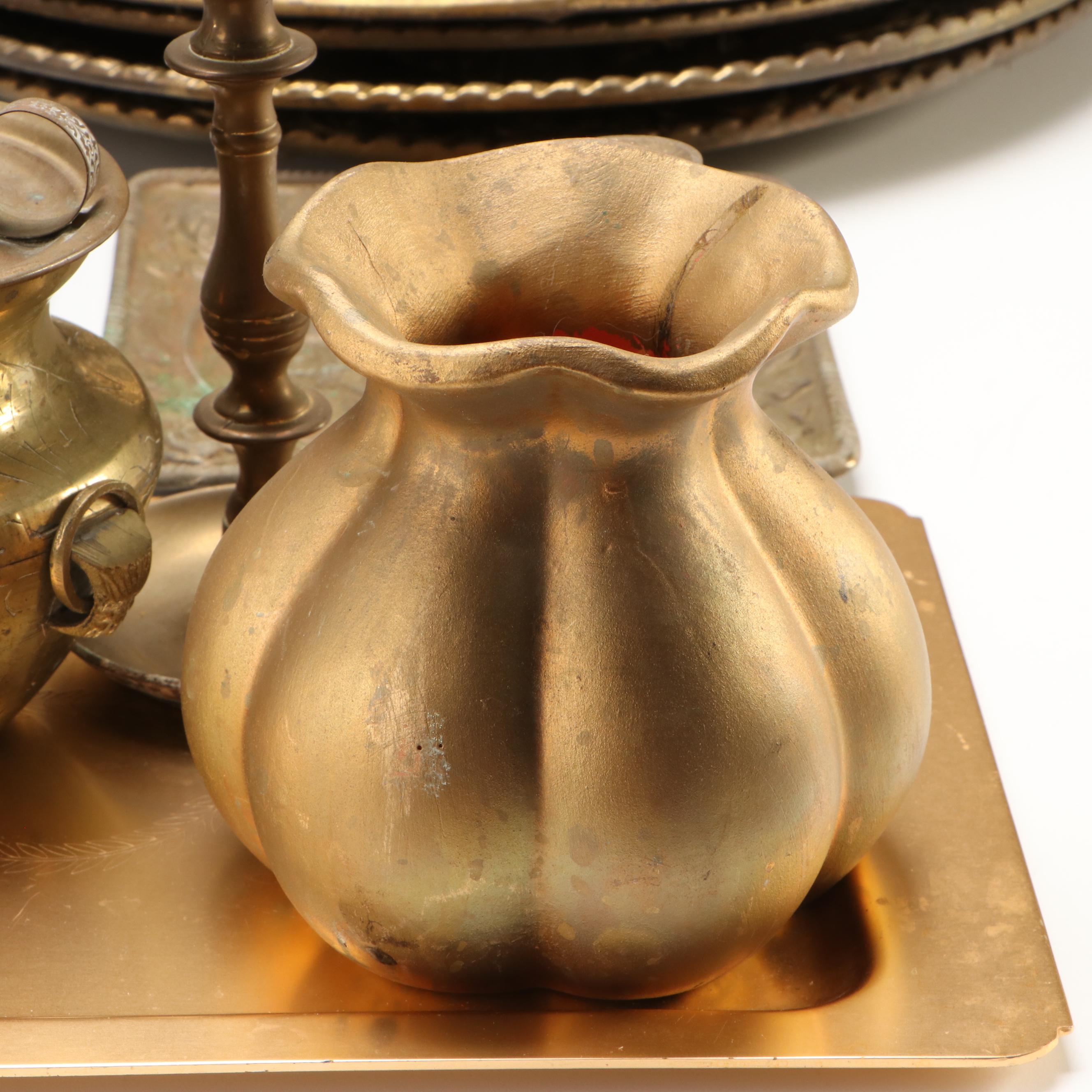 Etched Brass Urns, Brass Figural Bell, Candle Holders and More Décor