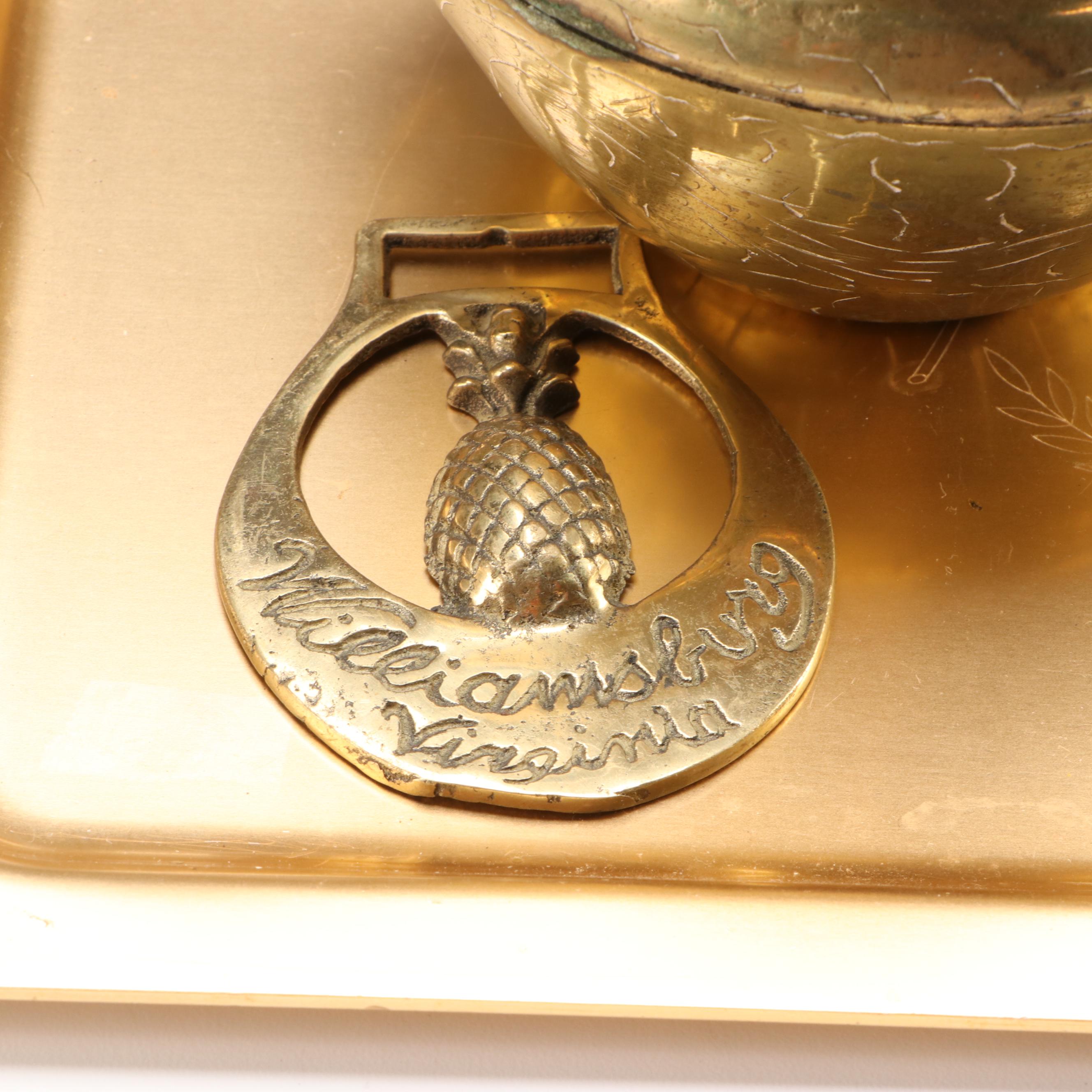 Etched Brass Urns, Brass Figural Bell, Candle Holders and More Décor