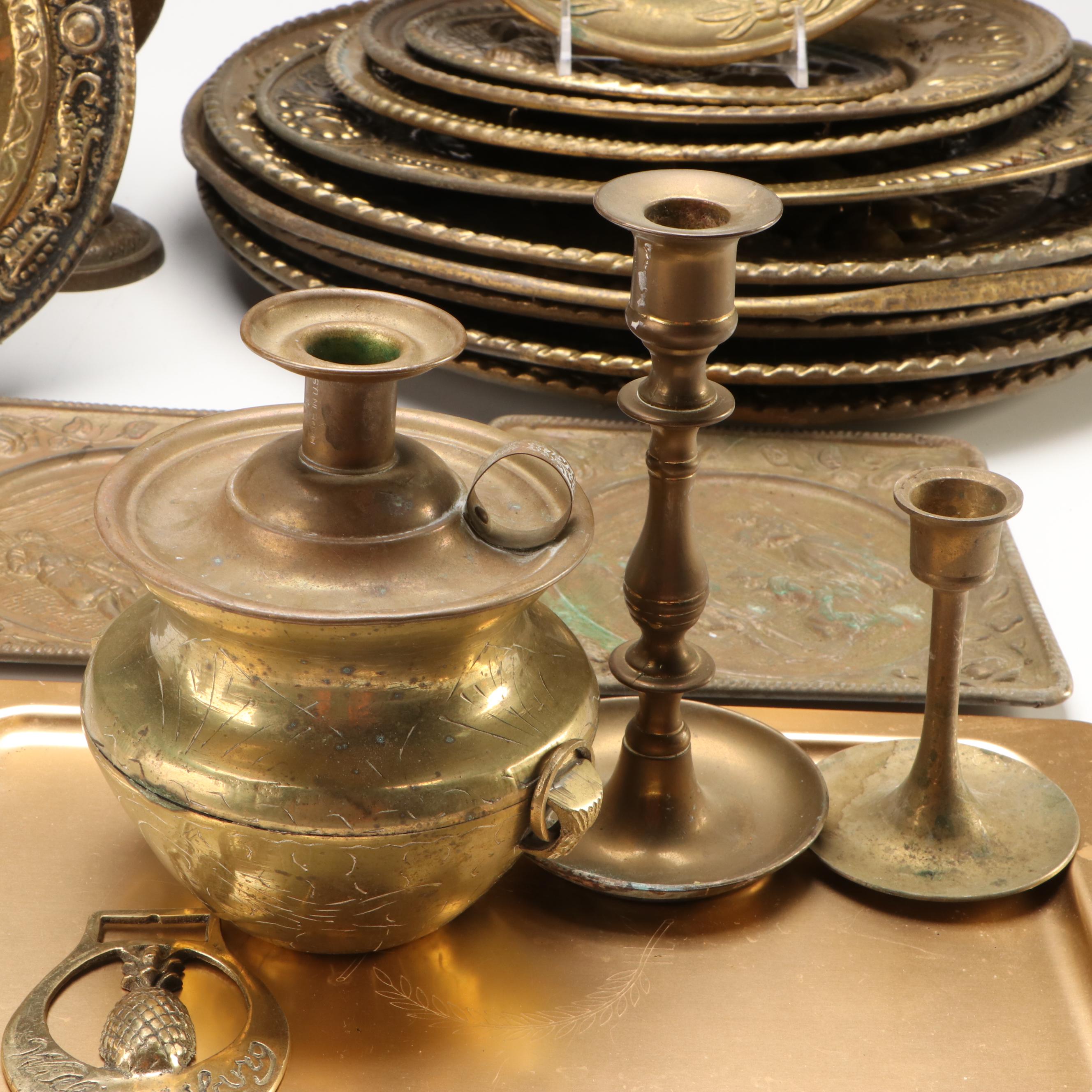 Etched Brass Urns, Brass Figural Bell, Candle Holders and More Décor