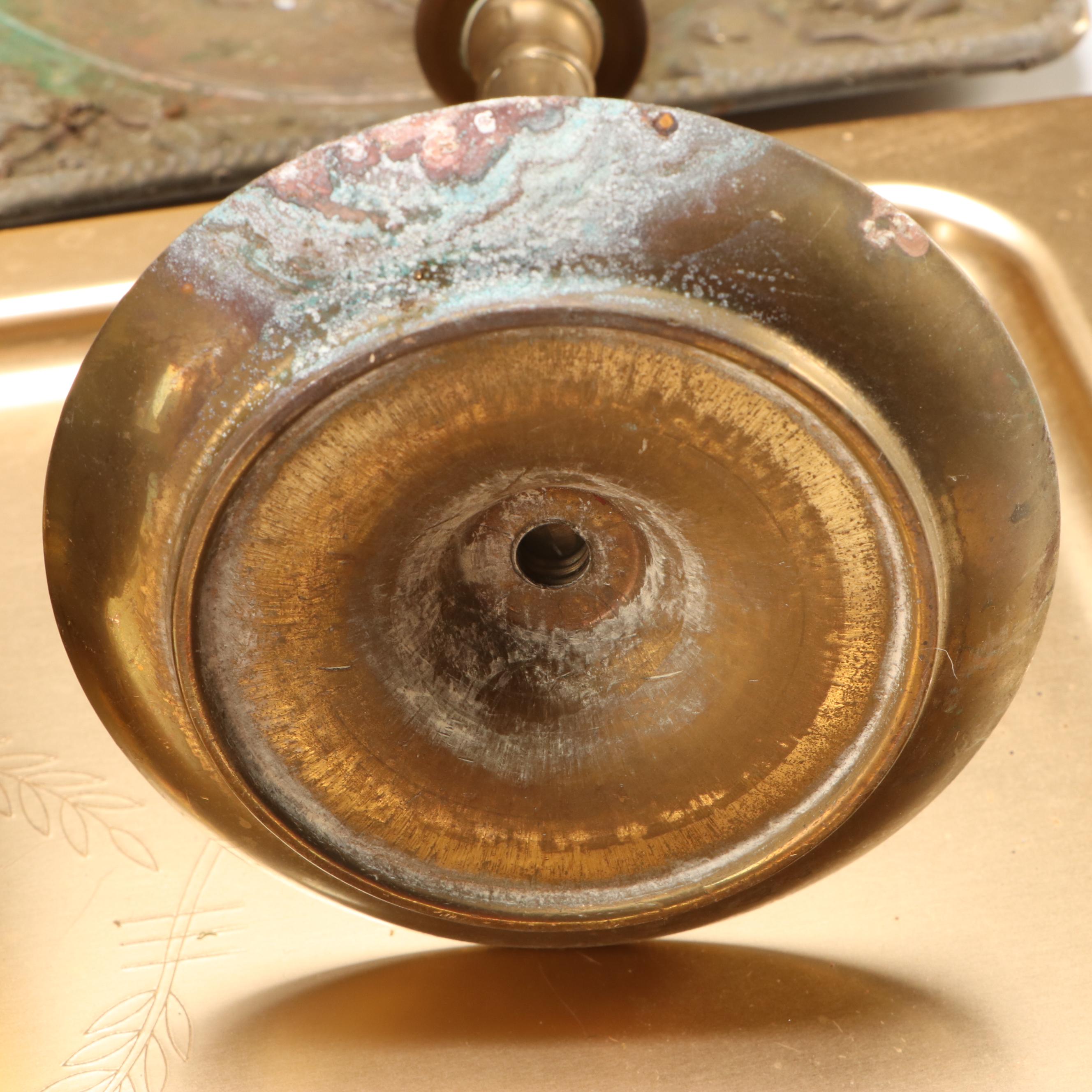 Etched Brass Urns, Brass Figural Bell, Candle Holders and More Décor