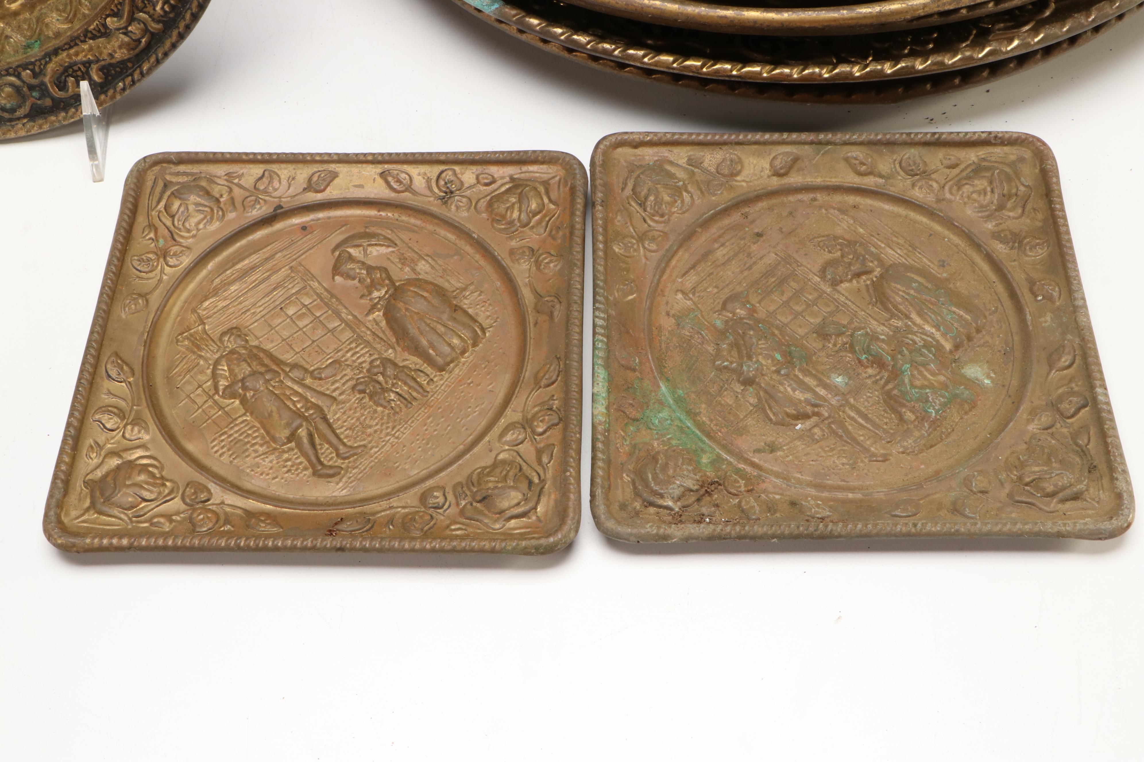 Etched Brass Urns, Brass Figural Bell, Candle Holders and More Décor