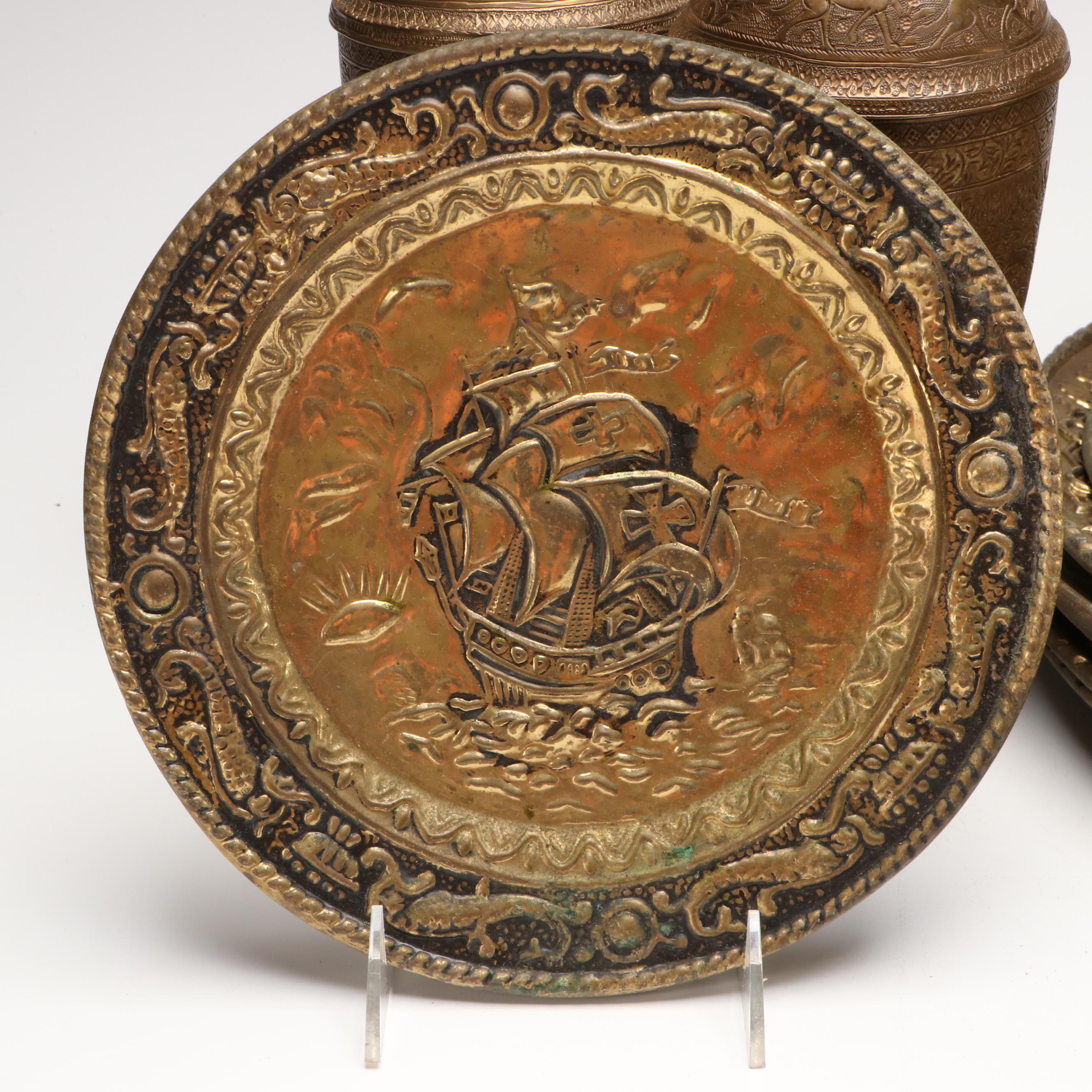 Etched Brass Urns, Brass Figural Bell, Candle Holders and More Décor