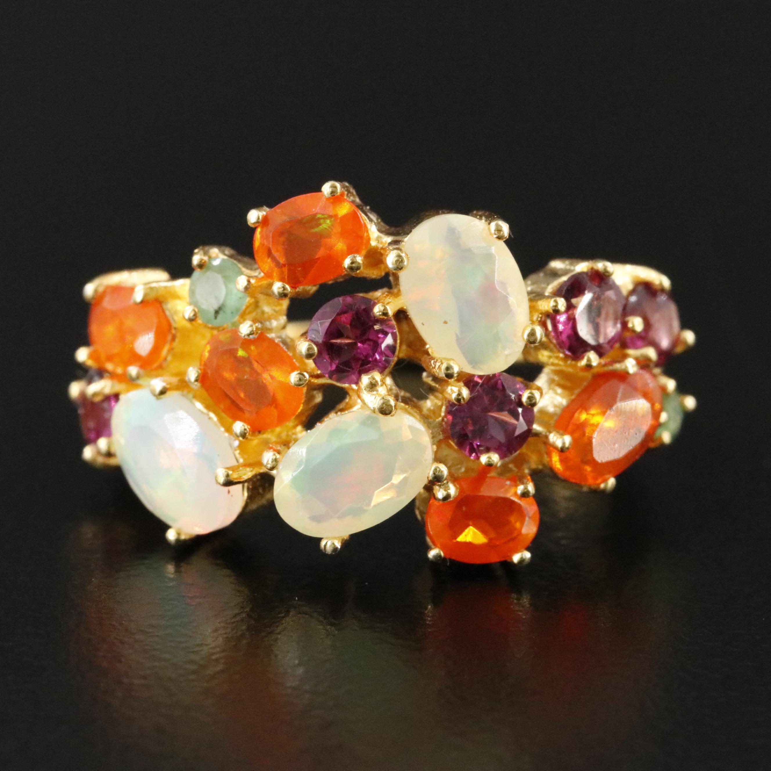 Sterling Opal, Garnet, and Emerald Ring