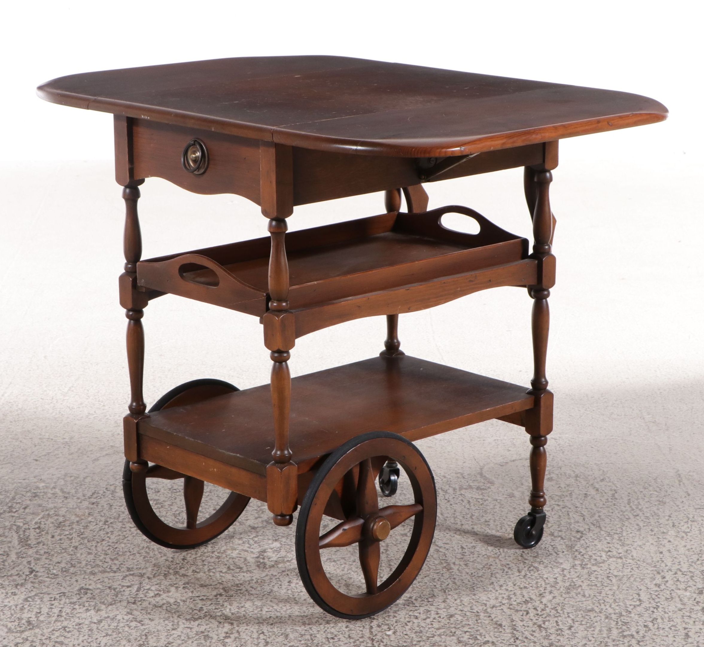 Walnut Colonial Revival Drop-Leaf Tea Cart with Tray Shelf, Late 20th Century