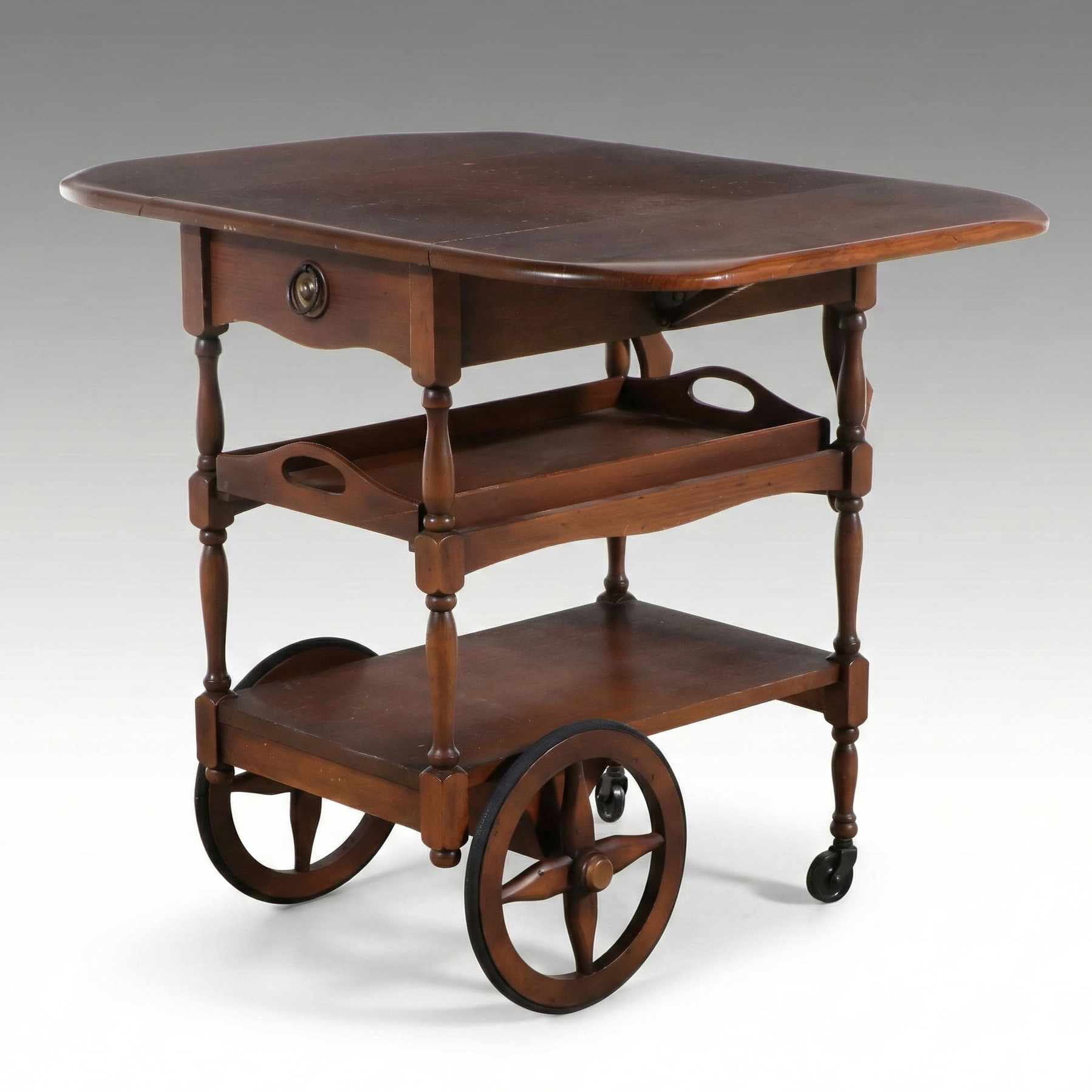 Walnut Colonial Revival Drop-Leaf Tea Cart with Tray Shelf, Late 20th Century