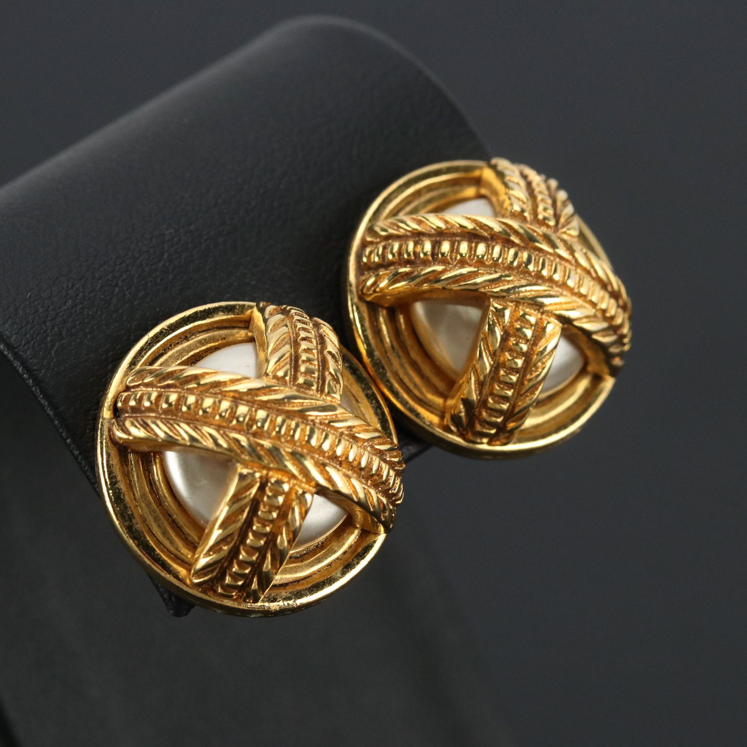 Chanel Faux Pearl Button Clip-On Earrings