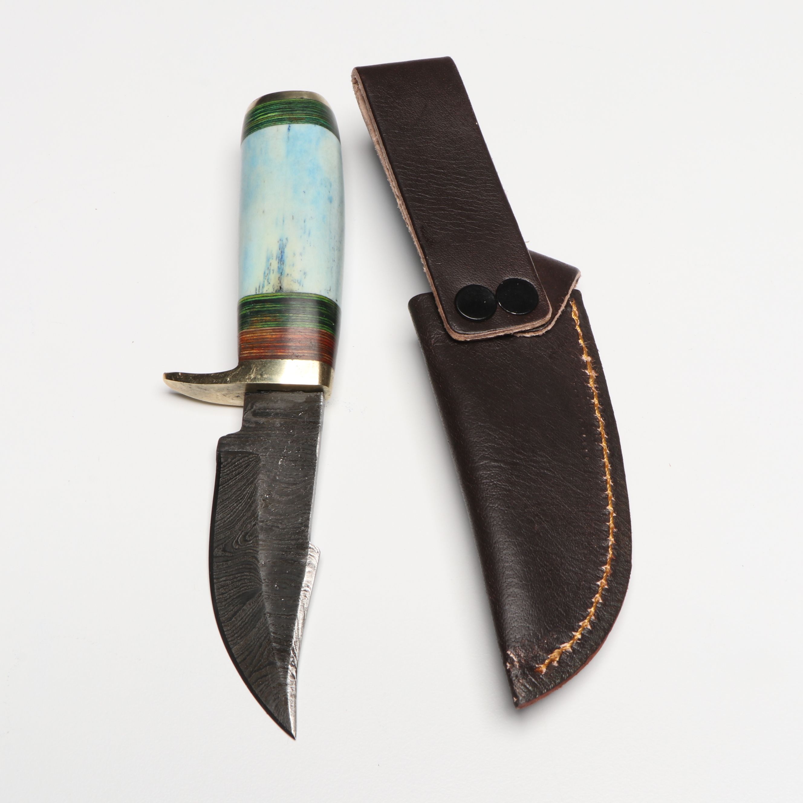 Damascus Steel Skinner Knives in Leather Scabbards