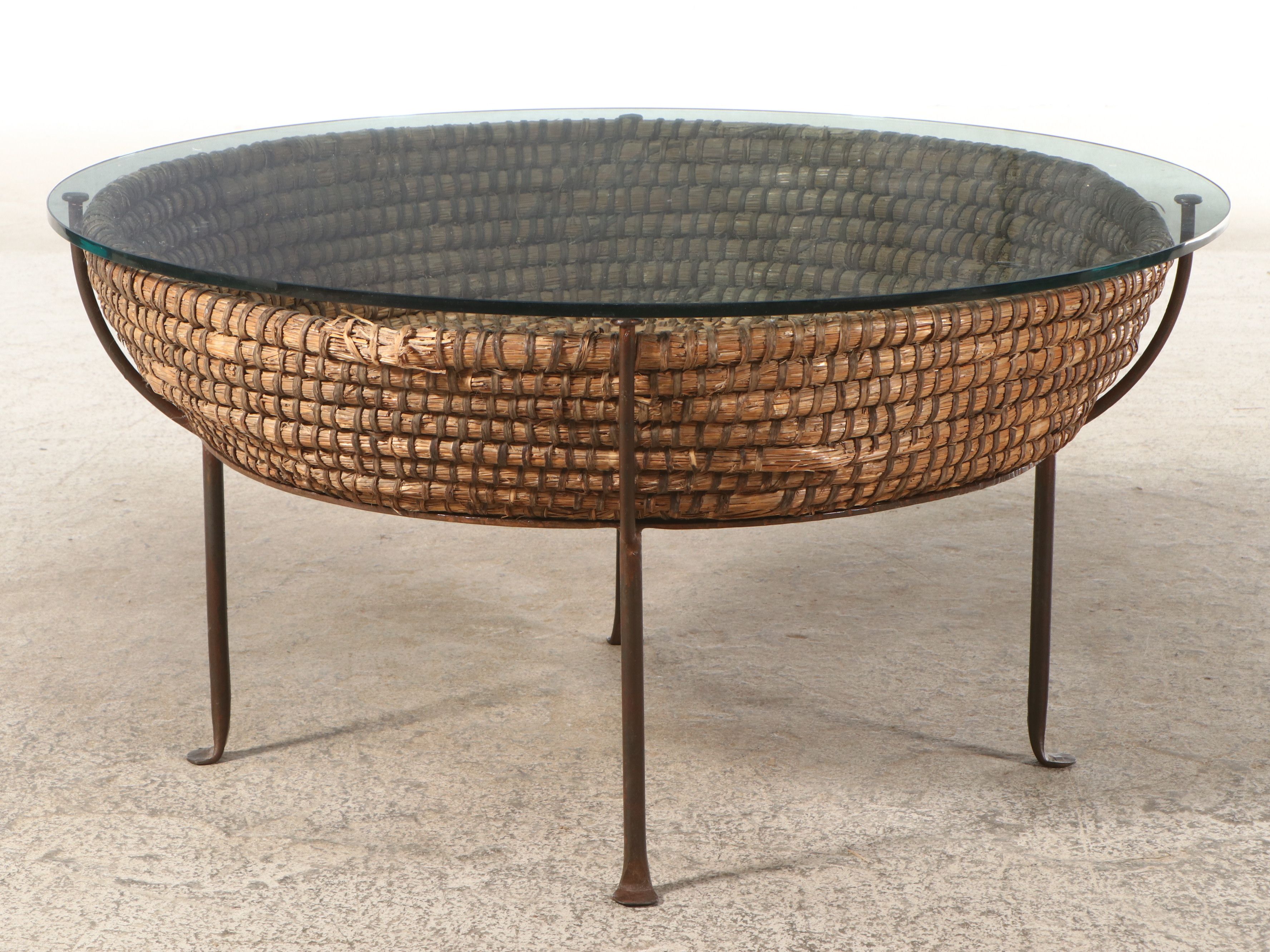 Large Braided Basket and Iron Glass Top Coffee Table