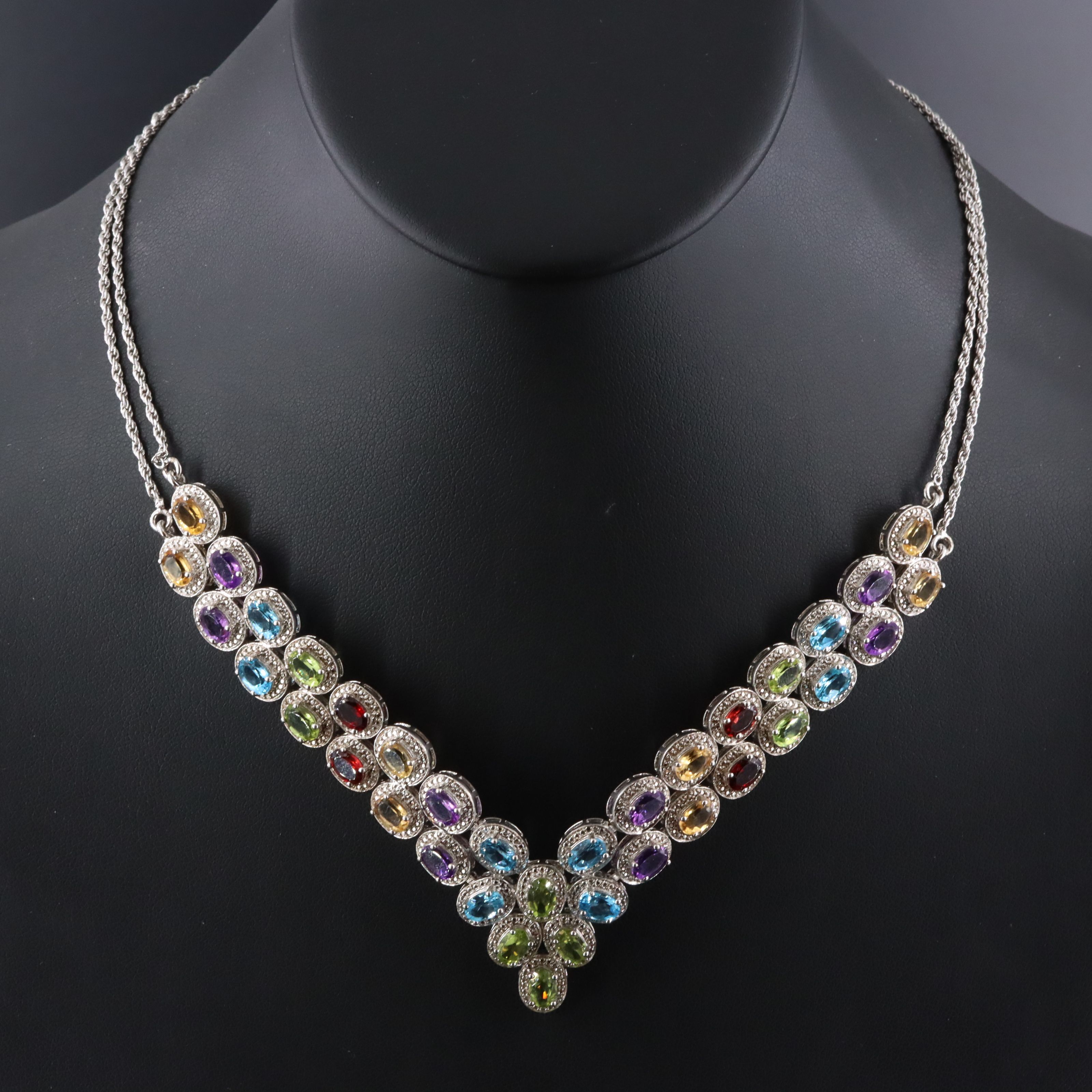Sterling Chevron Necklace Featuring Peridot, Amethyst, and Garnet