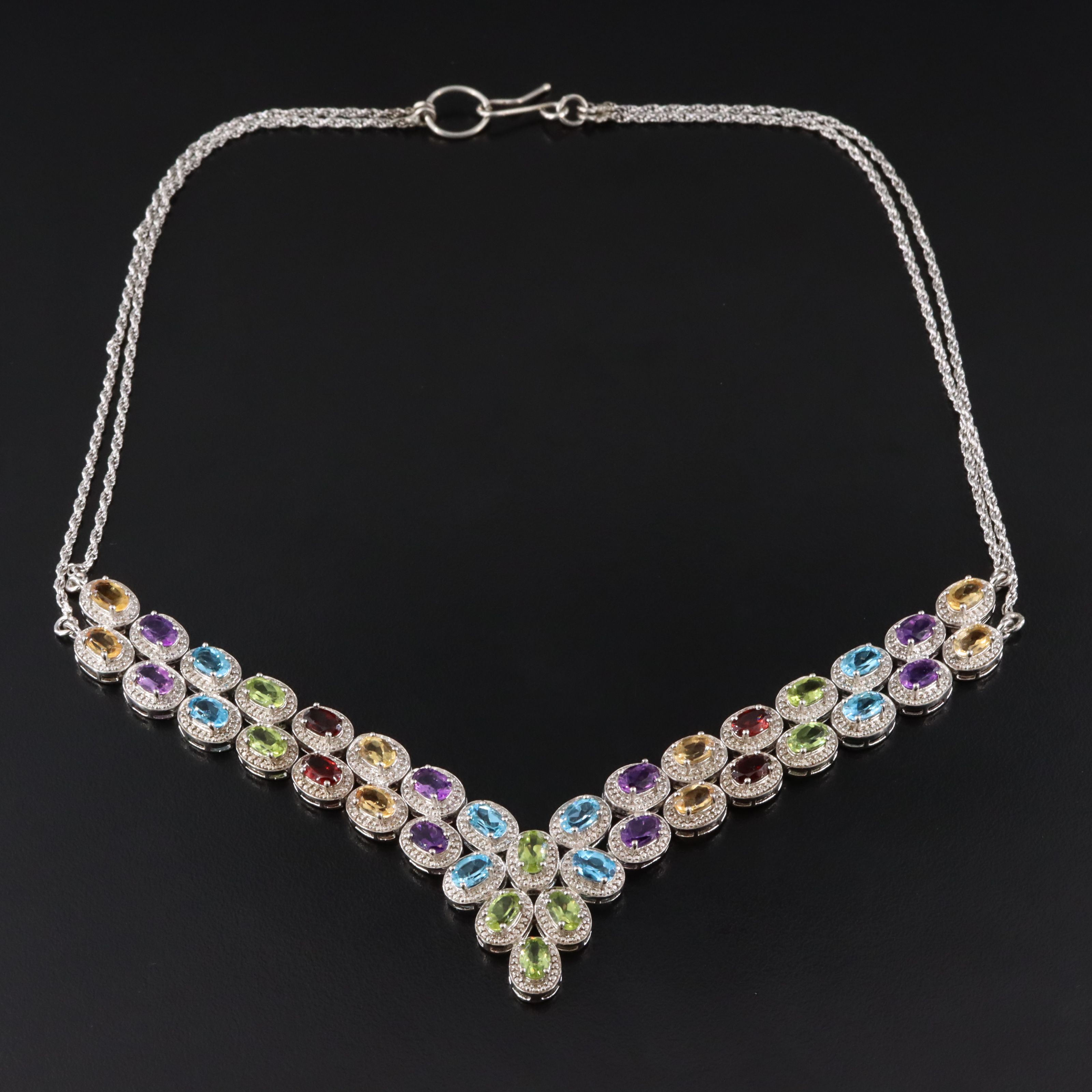 Sterling Chevron Necklace Featuring Peridot, Amethyst, and Garnet