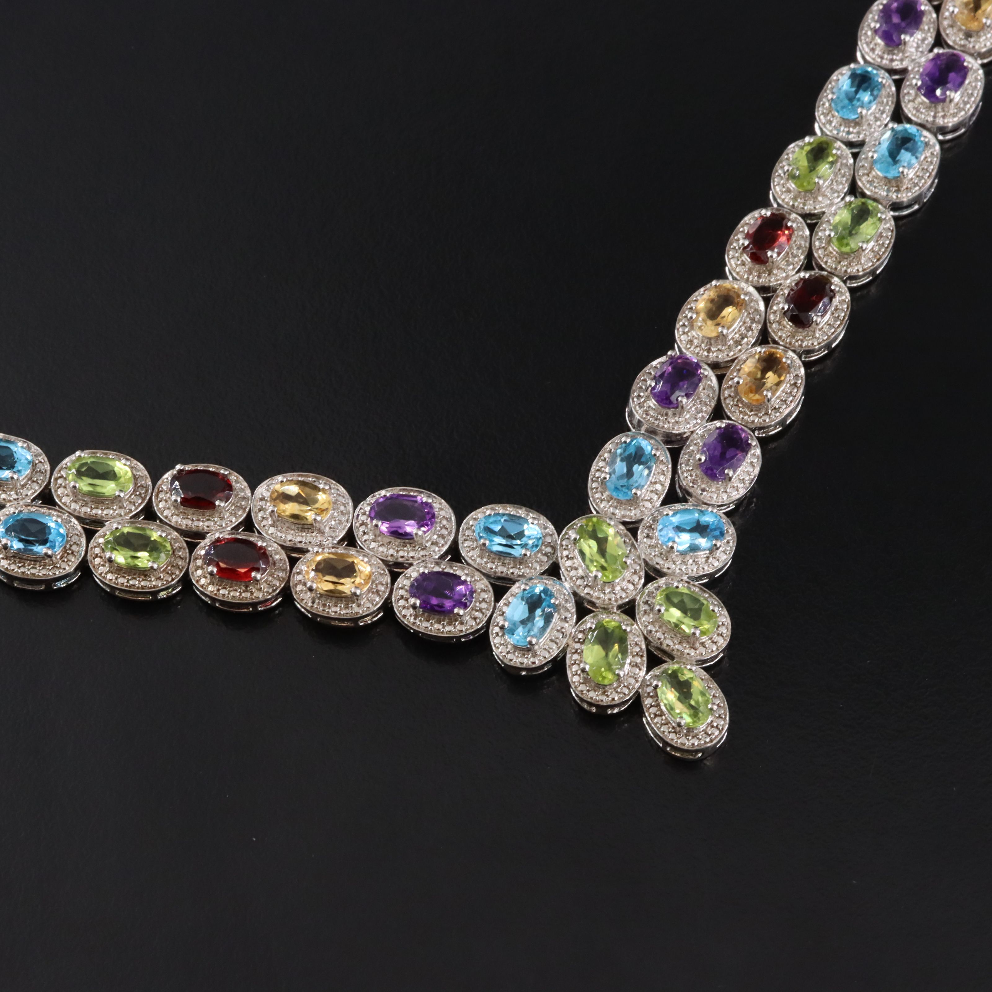 Sterling Chevron Necklace Featuring Peridot, Amethyst, and Garnet