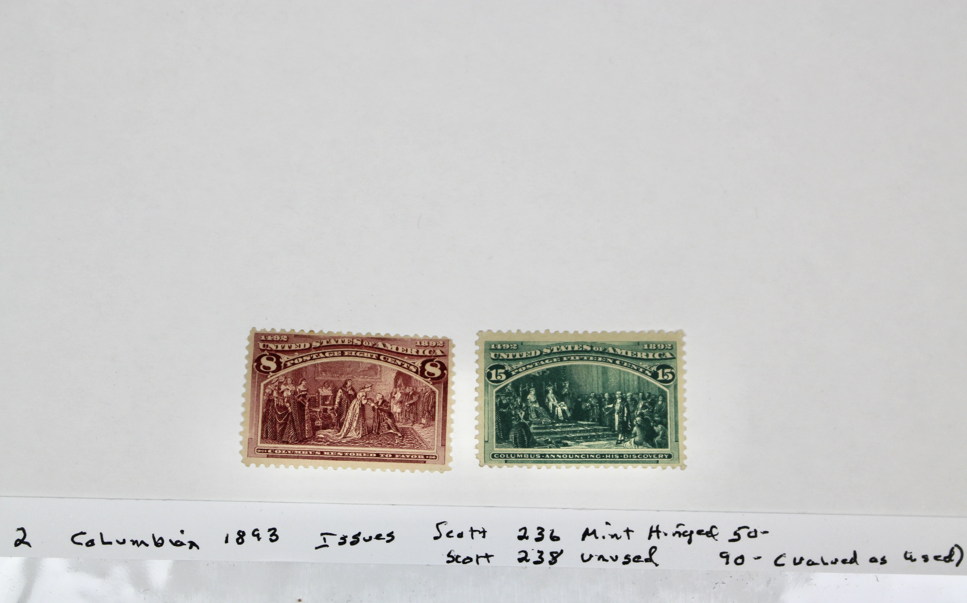 Two 1893 Columbian Exposition Postage Stamps, Scott 236 and 238