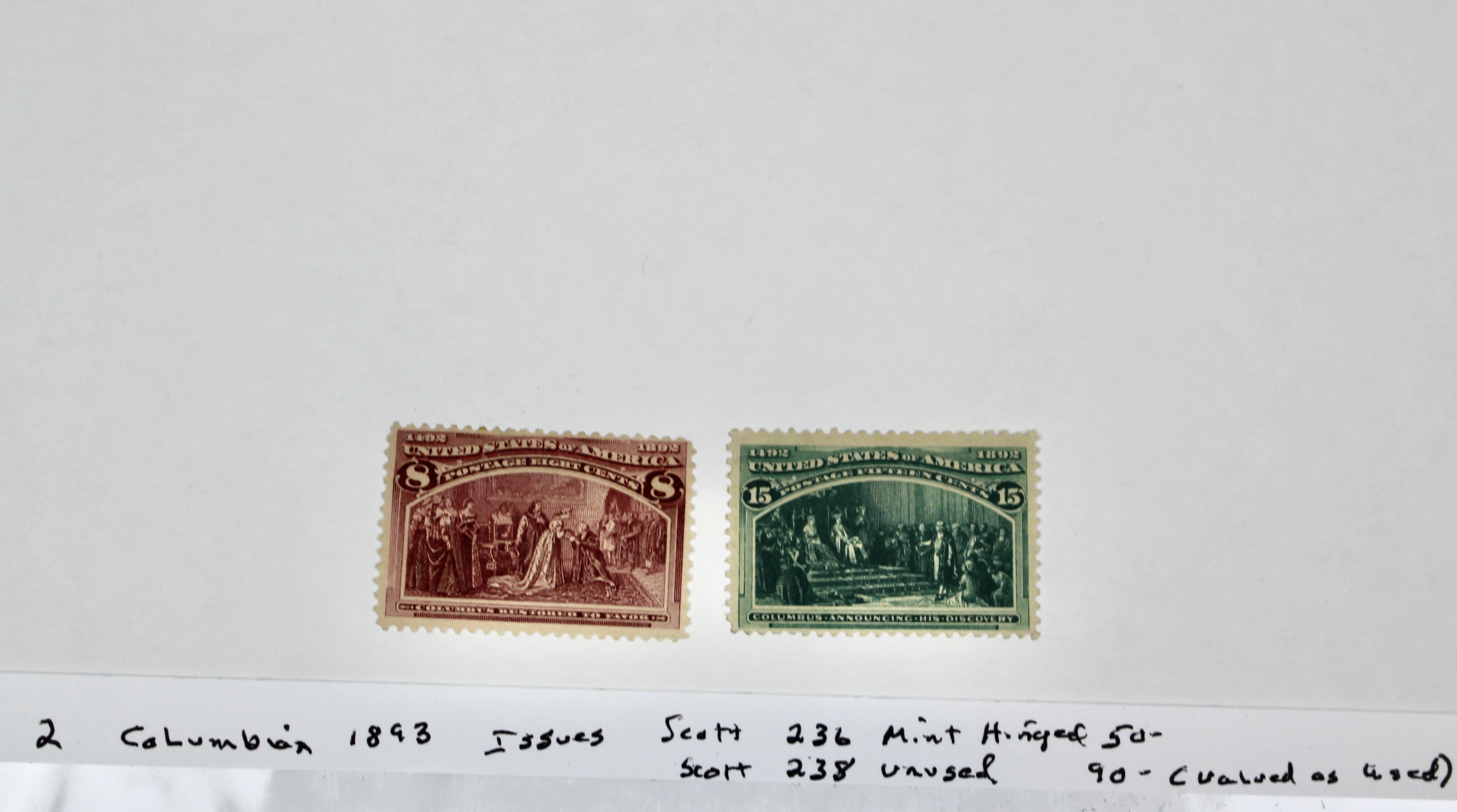 Two 1893 Columbian Exposition Postage Stamps, Scott 236 and 238