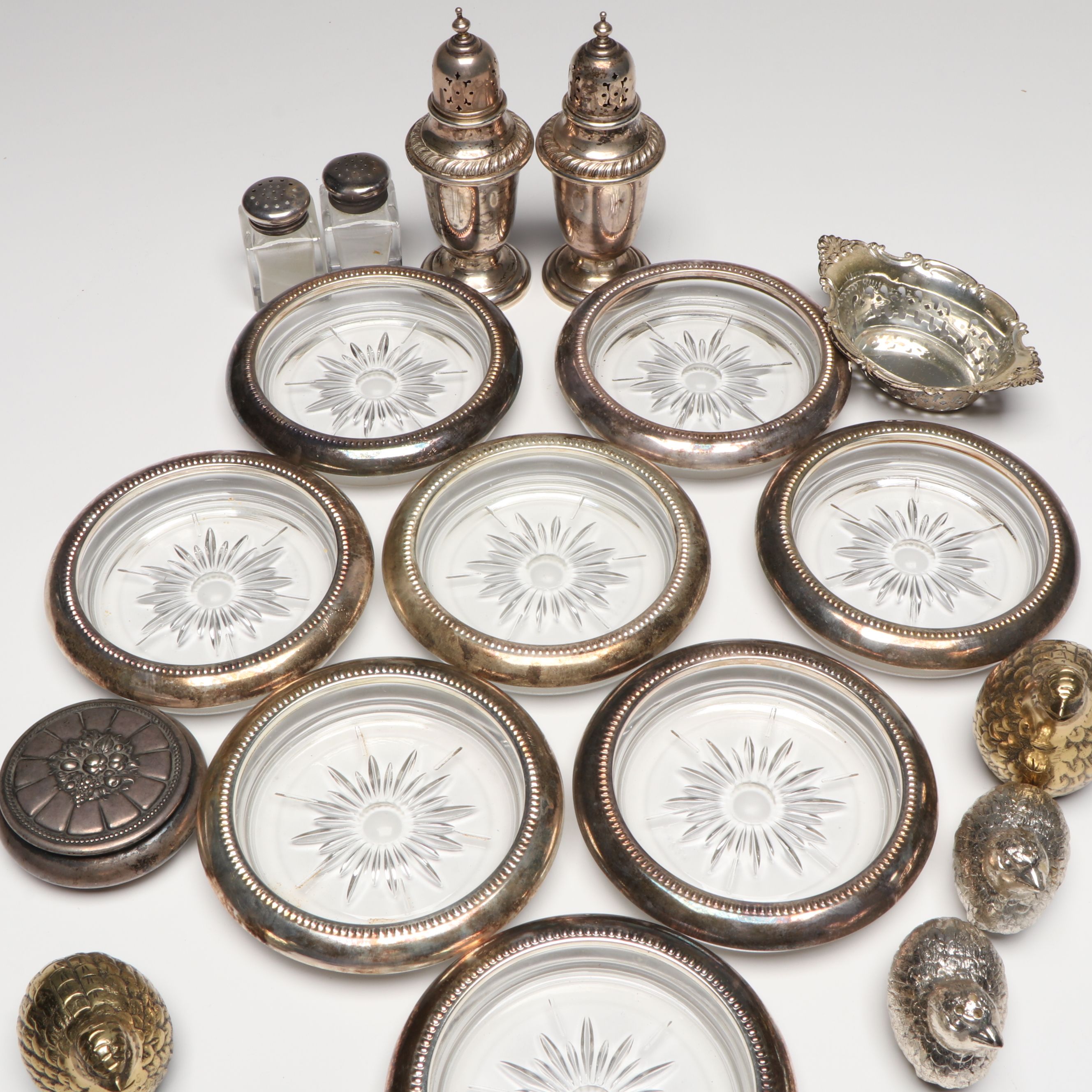 Gorham Sterling Silver Shakers and Bowl with Other Metal and Glass Tableware