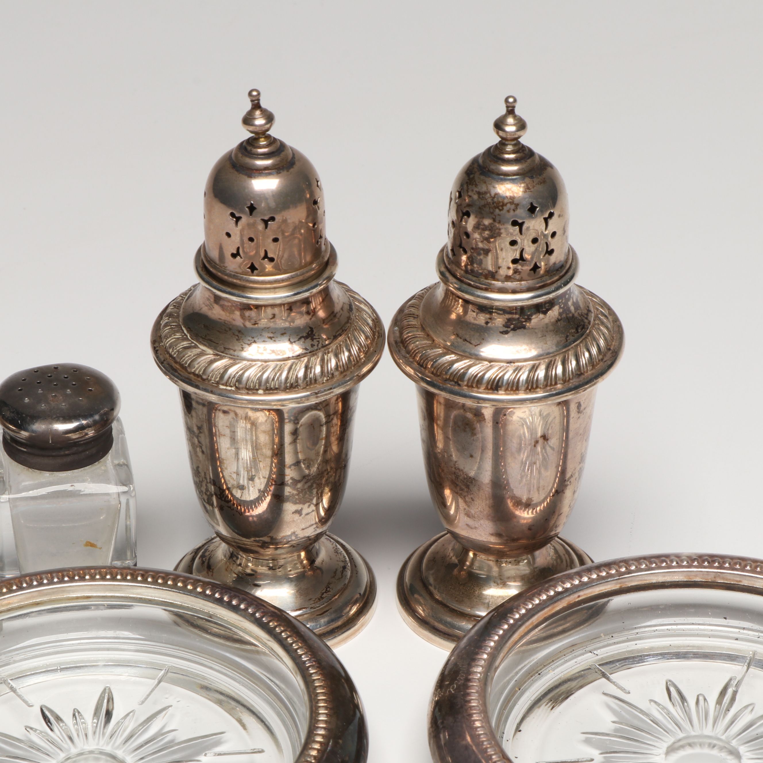Gorham Sterling Silver Shakers and Bowl with Other Metal and Glass Tableware