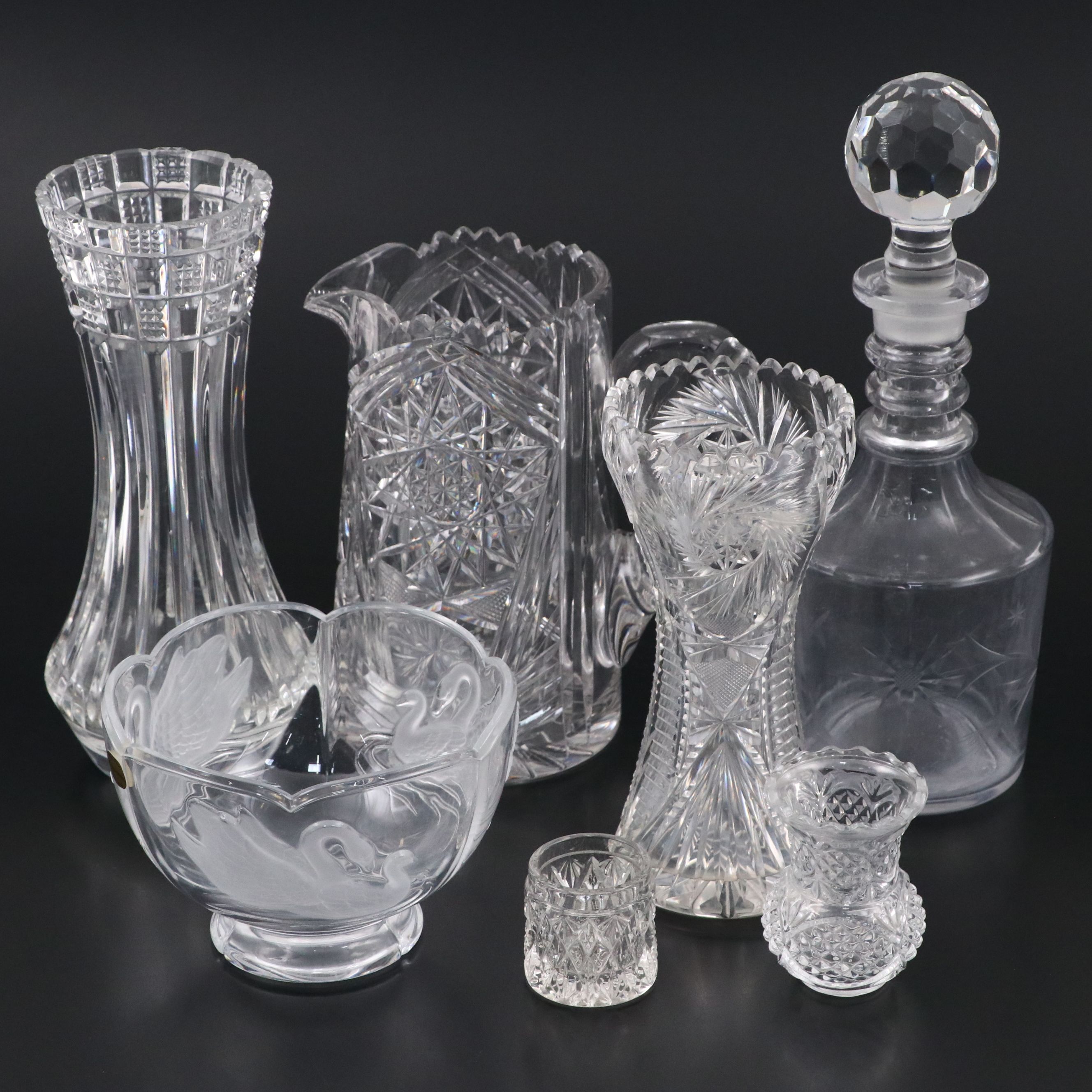 Teleflora Embossed Swan Crystal Bowl with Other Crystal Vases and Serverware