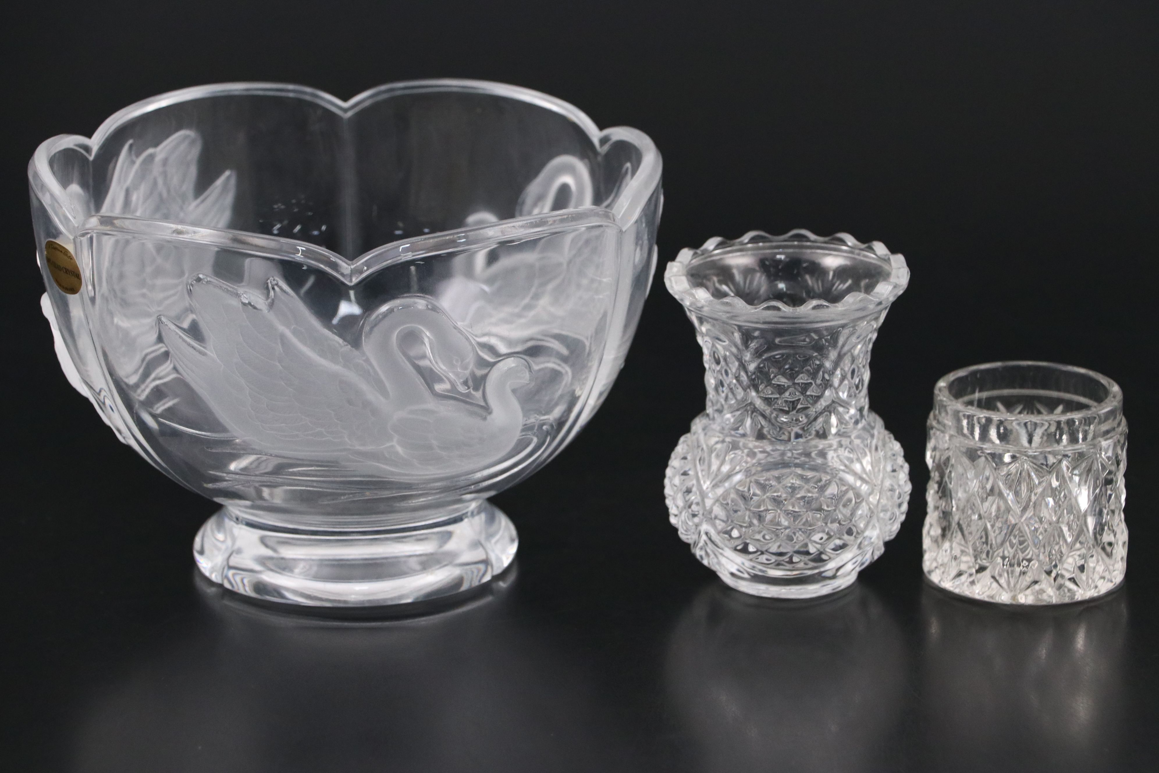 Teleflora Embossed Swan Crystal Bowl with Other Crystal Vases and Serverware