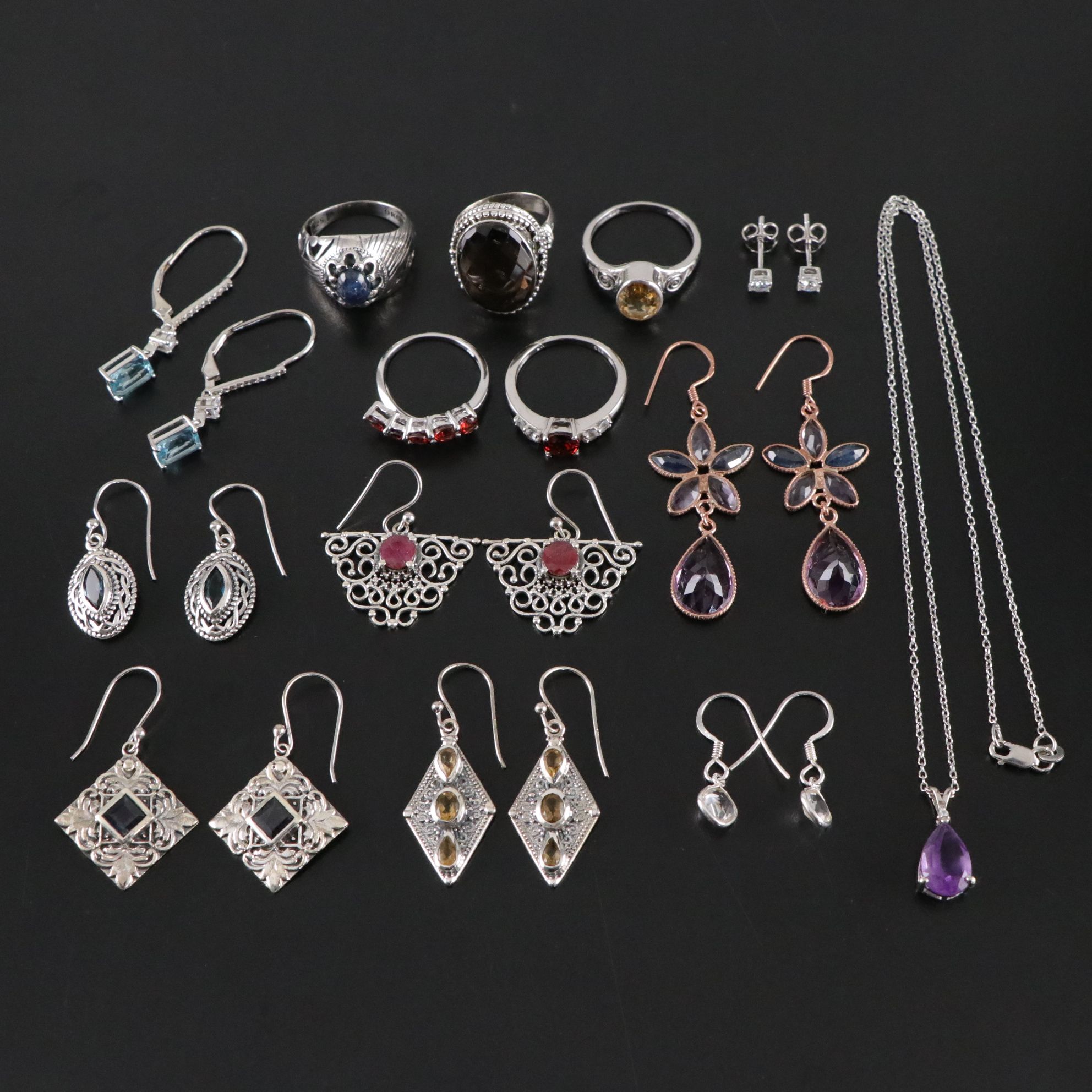 14 Assorted Sterling Silver Rings, Necklaces and Earrings