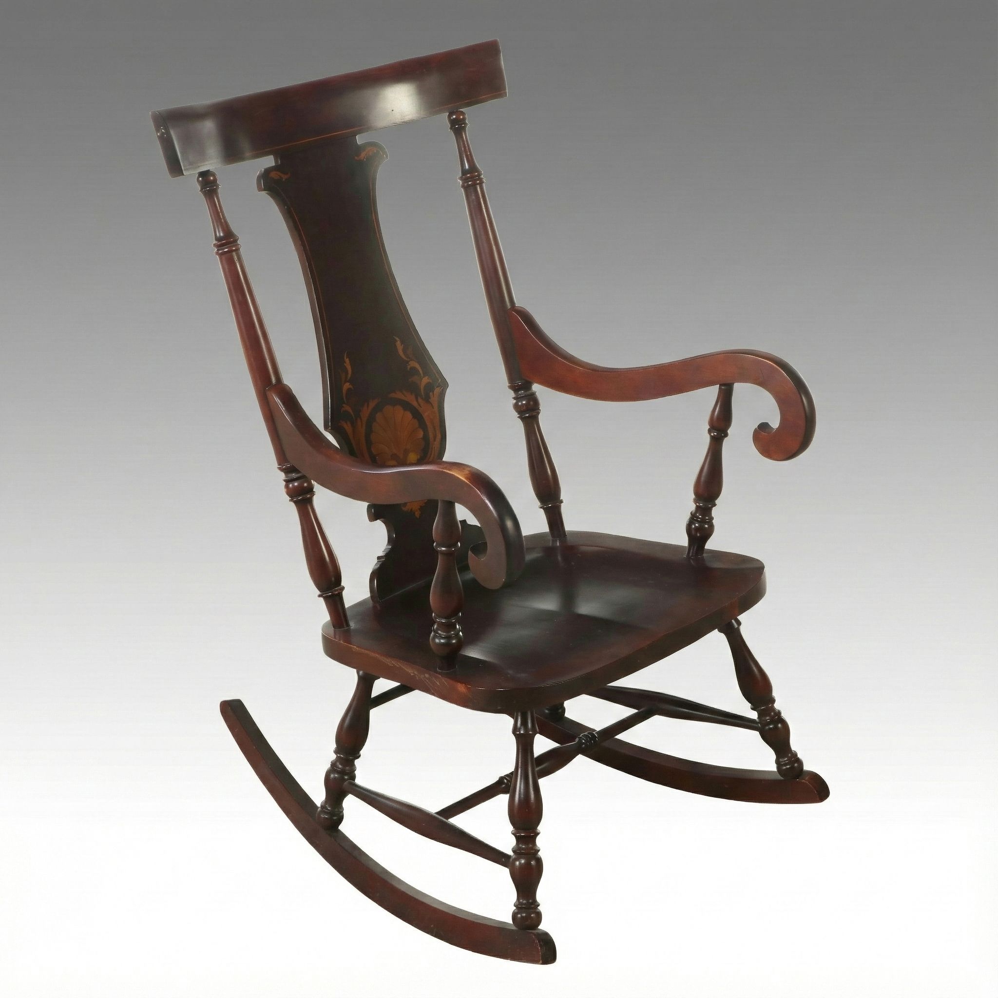 Adams Style Inlaid Mahogany Finish Rocking Chair, Early to Mid-20th Century