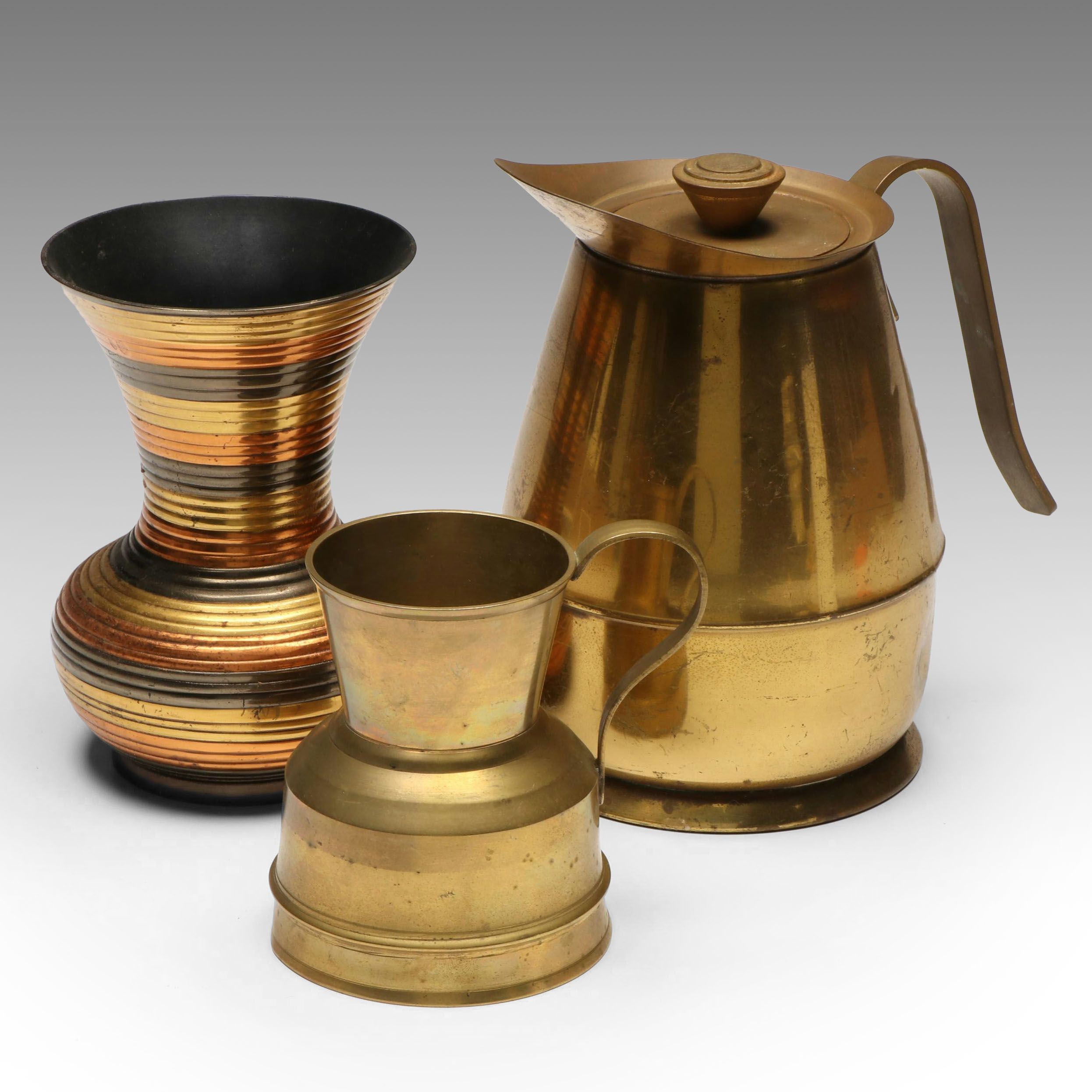 Indian Brass Jug with Metal Ribbed Vase and Pitcher, Mid to Late 20th Century