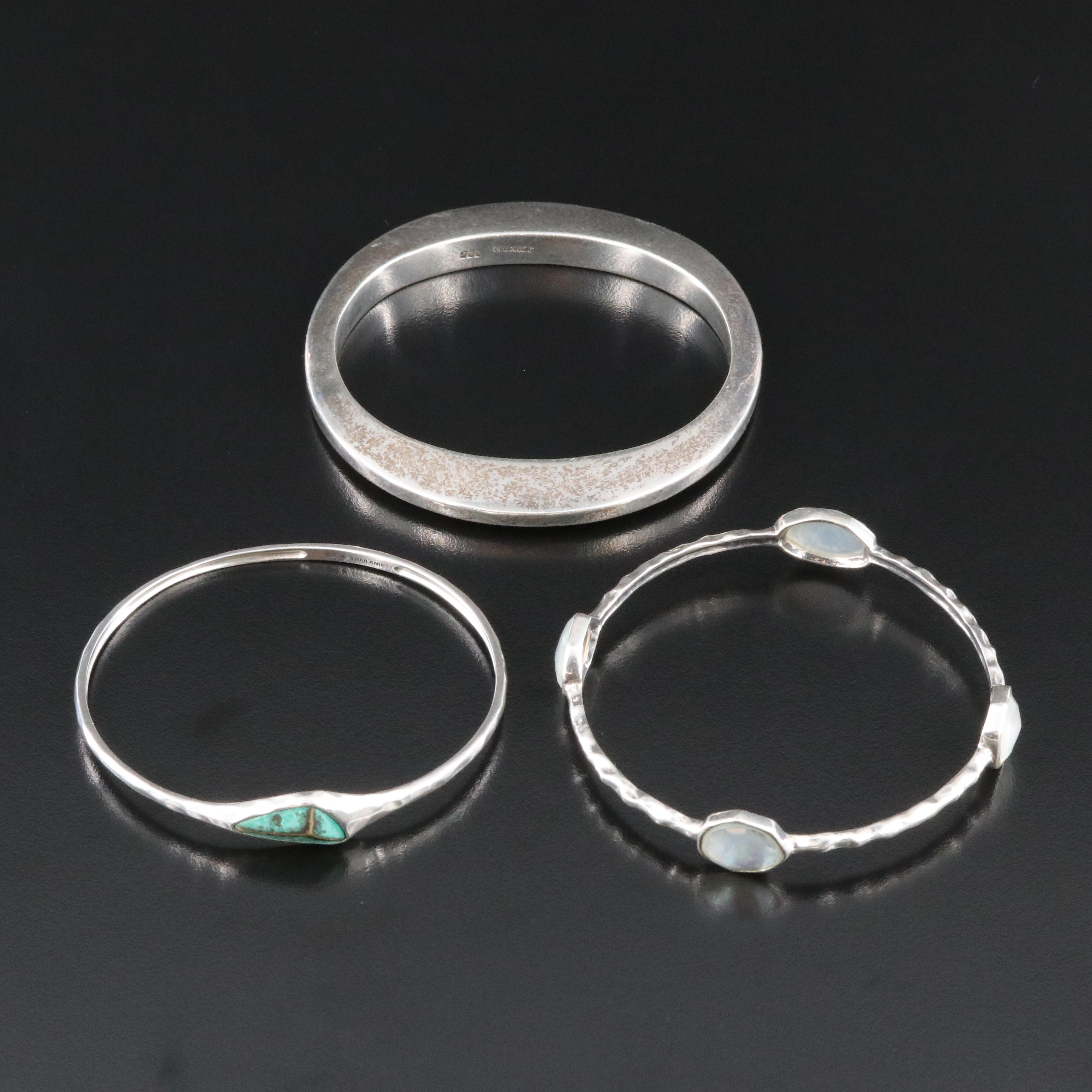 Silpada and Mexican Sterling Bangle Bracelets Including Mother-of-Pearl Doublet