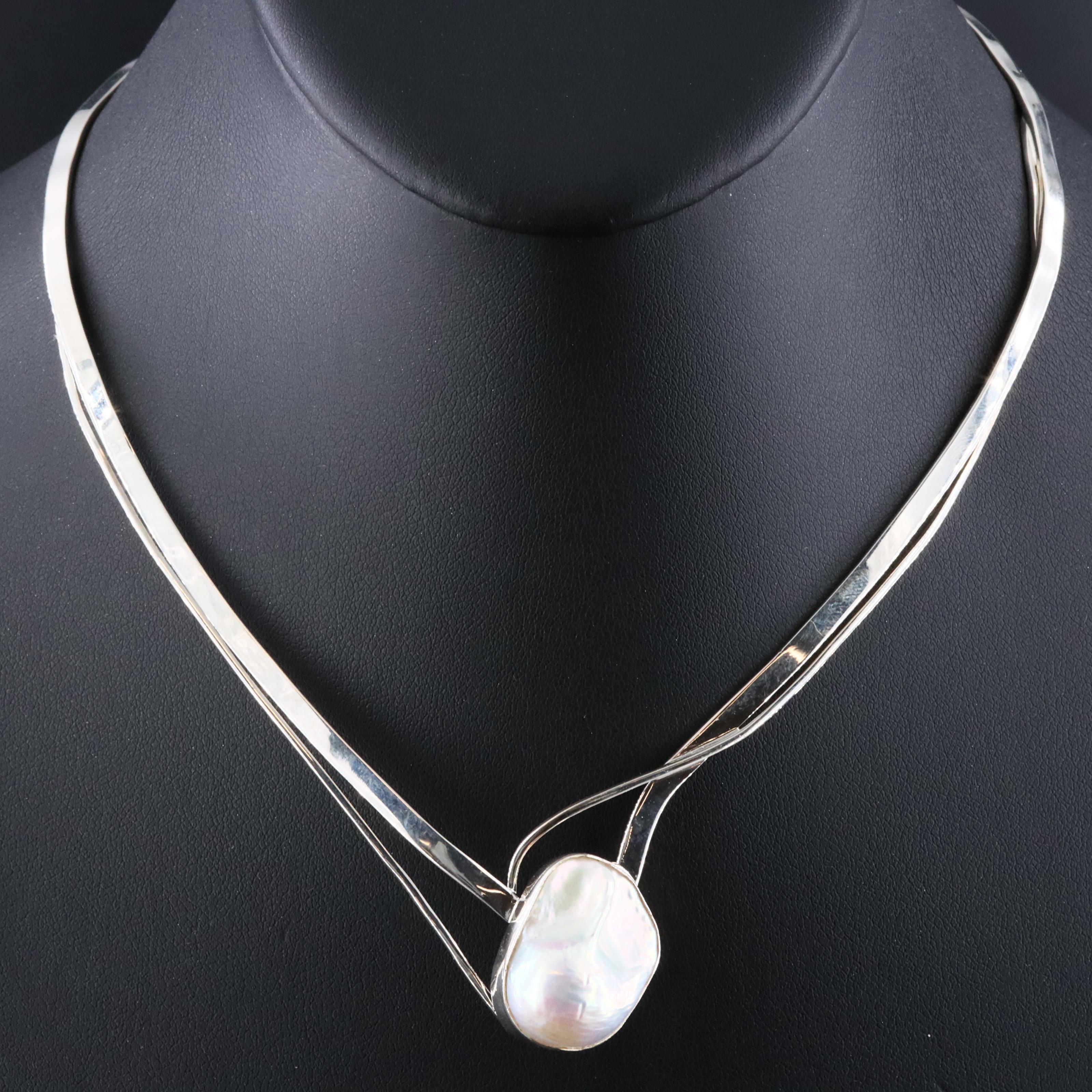 Sterling Pearl Torque Necklace