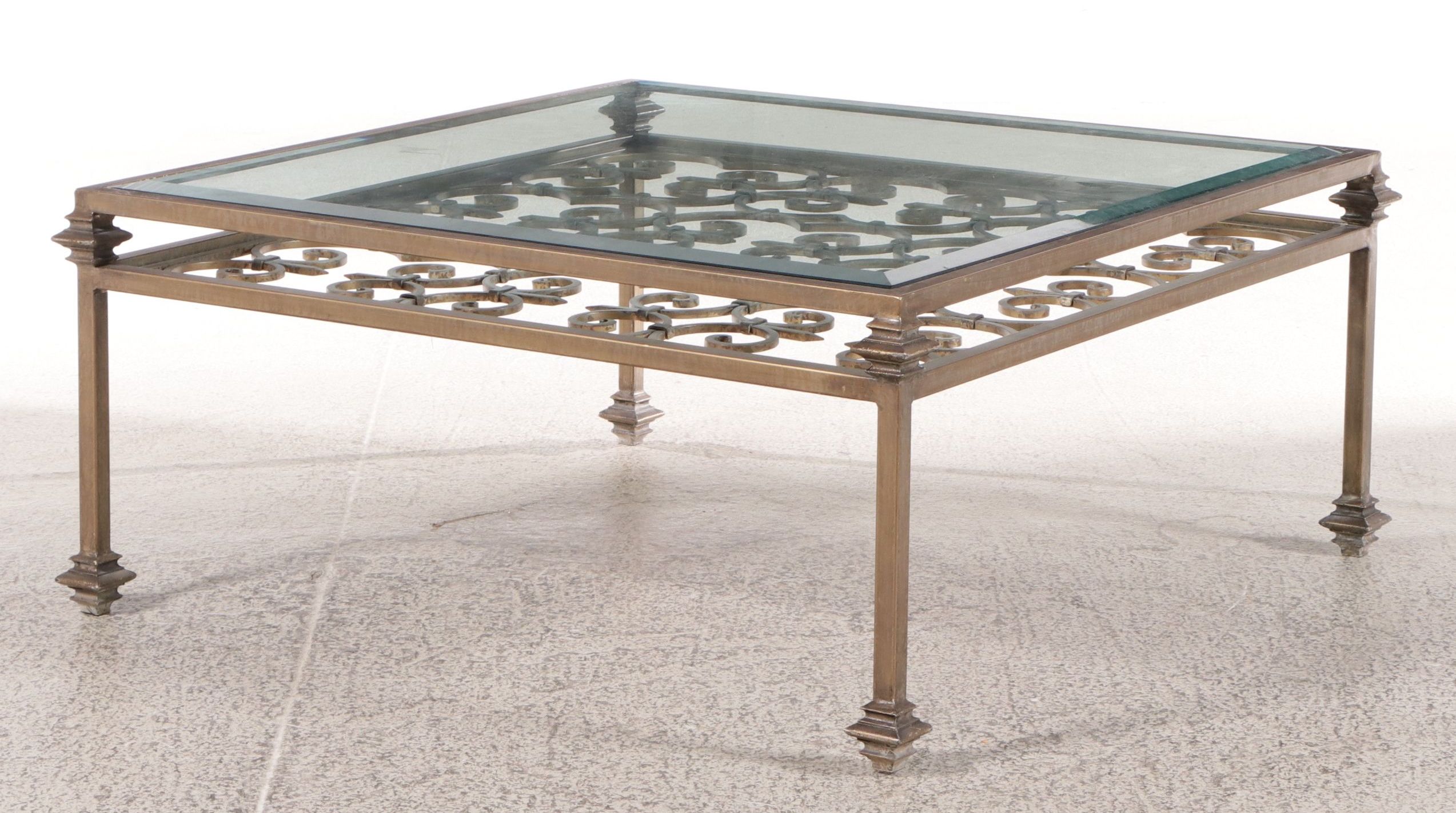 Contemporary Scrolled Metal Glass Top Coffee Table