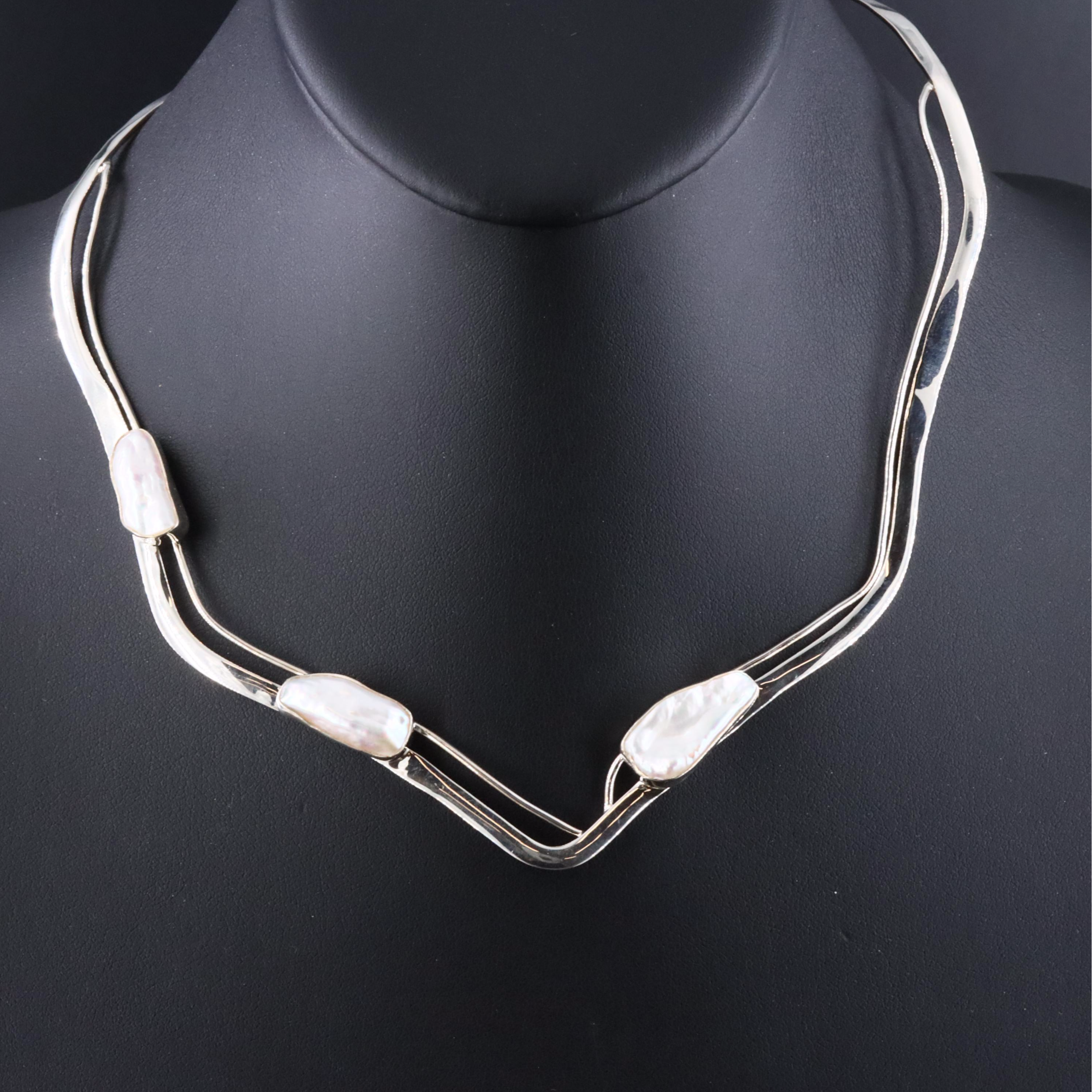 Sterling Pearl Torque Necklace