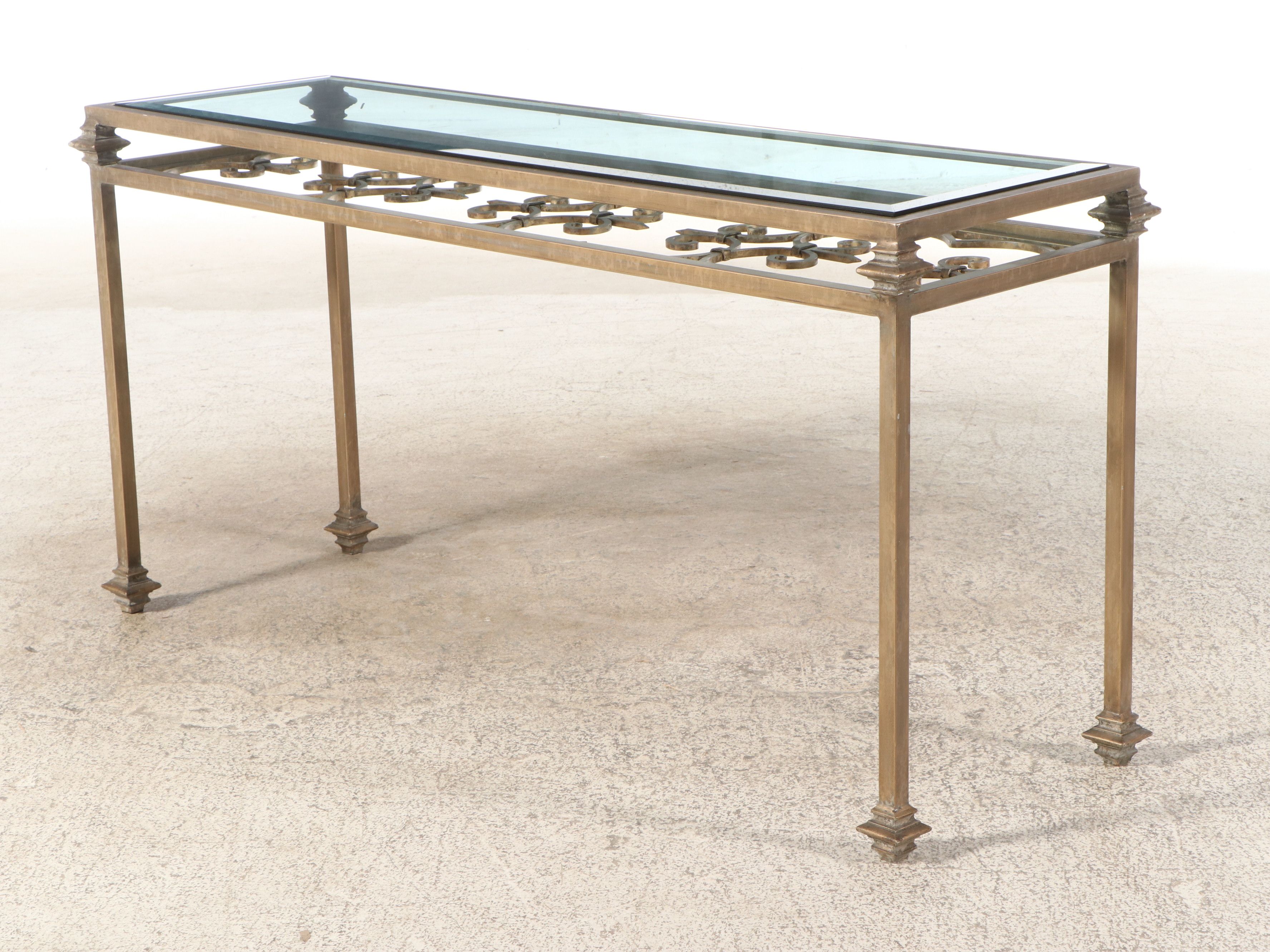 Gold-Finished Wrought Iron and Glass Console Table with Fleur-de-lis Motif