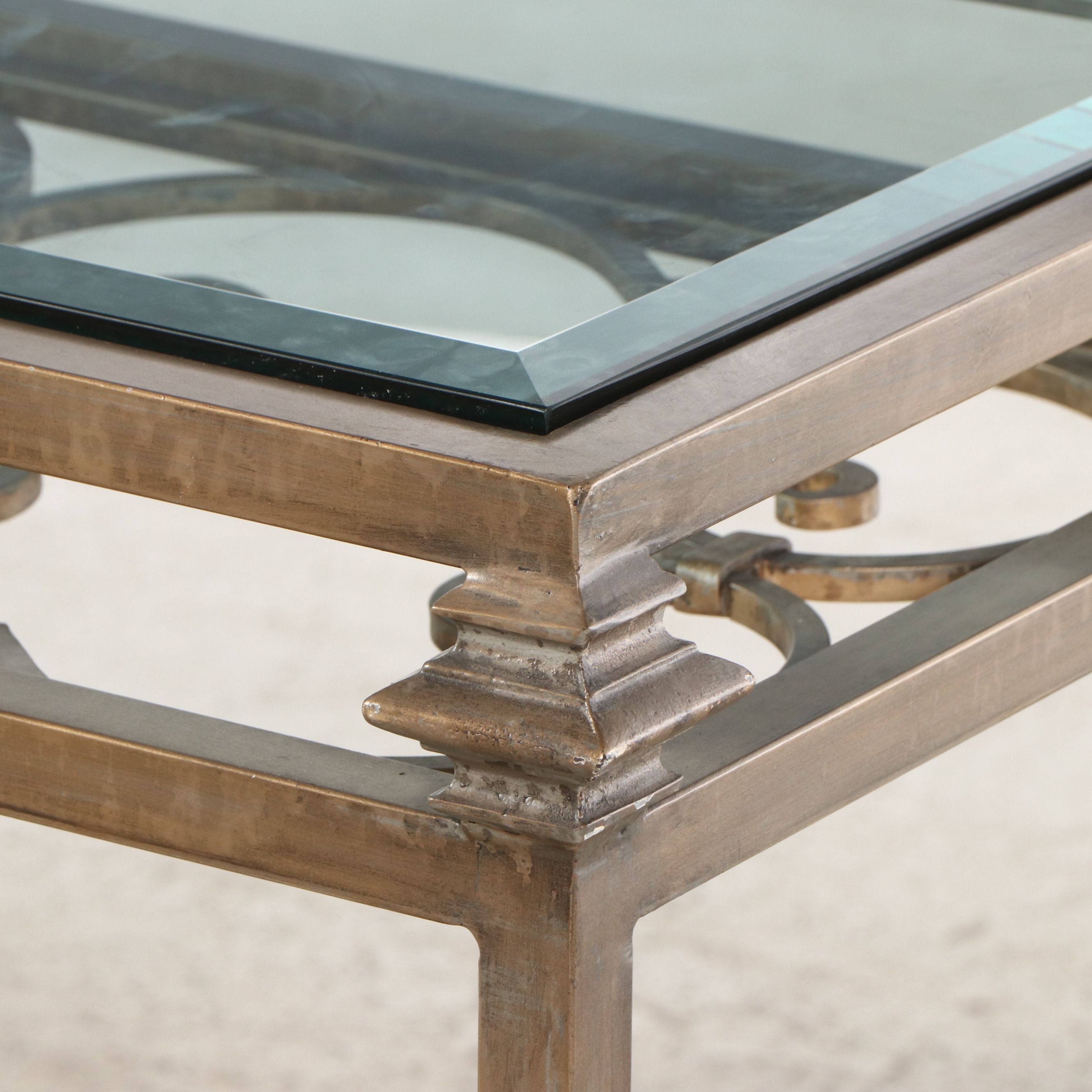 Gold-Finished Wrought Iron and Glass Console Table with Fleur-de-lis Motif