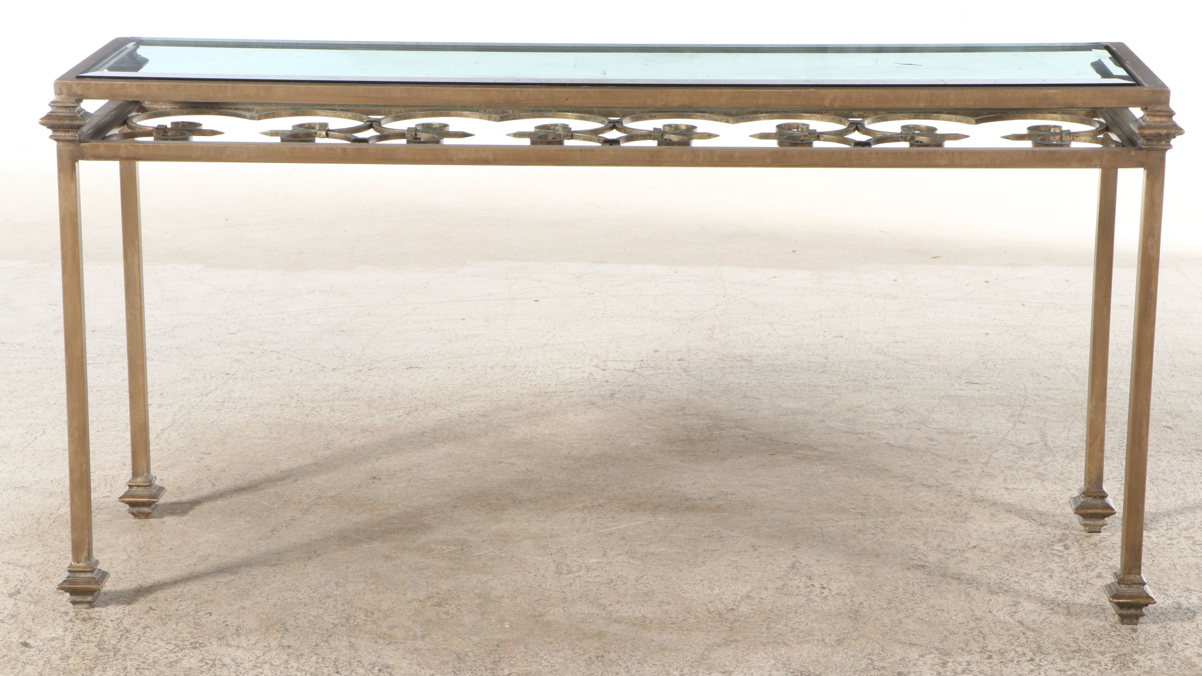 Gold-Finished Wrought Iron and Glass Console Table with Fleur-de-lis Motif