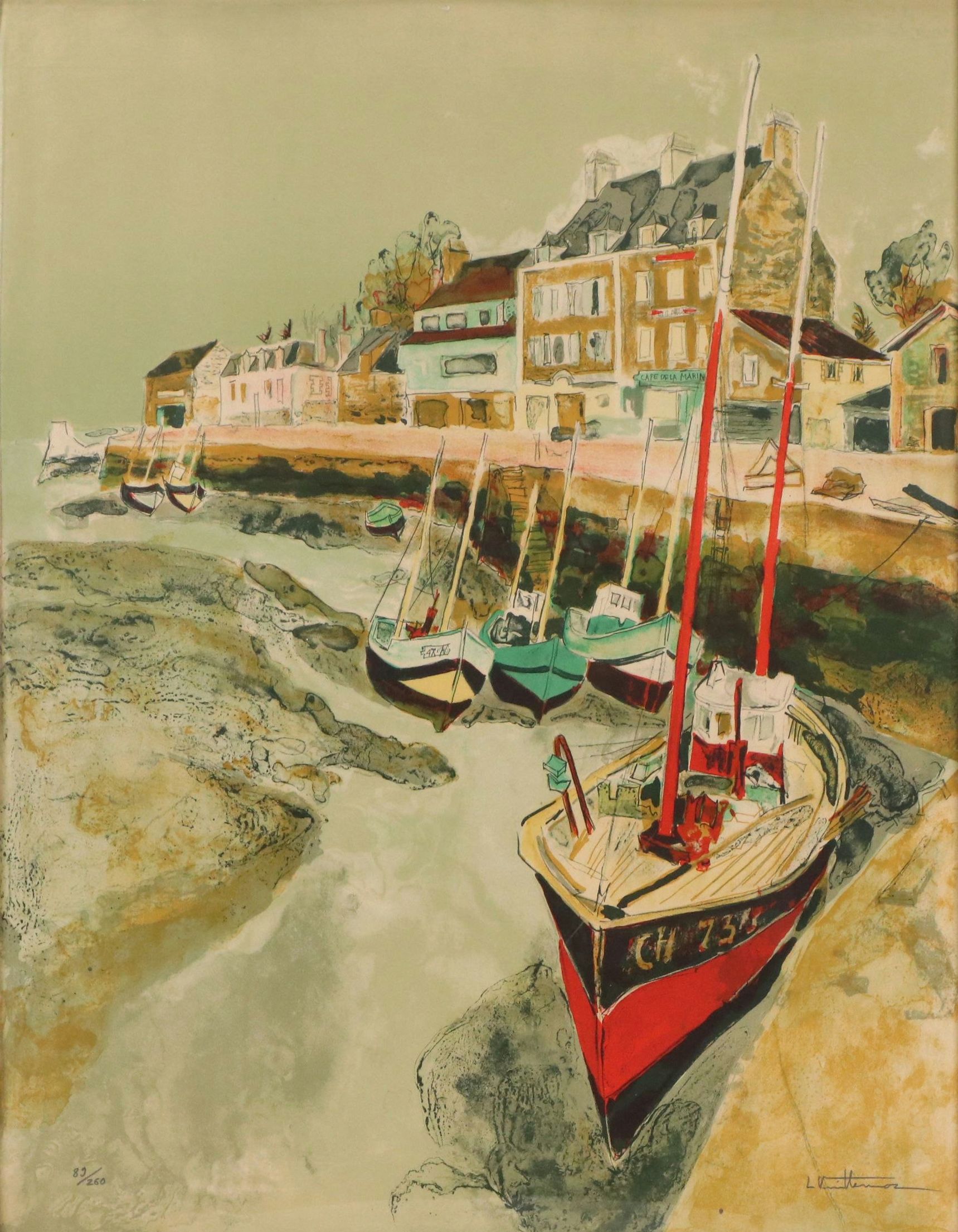 Lithograph Print of Coastal Town Scene, Mid-20th Century