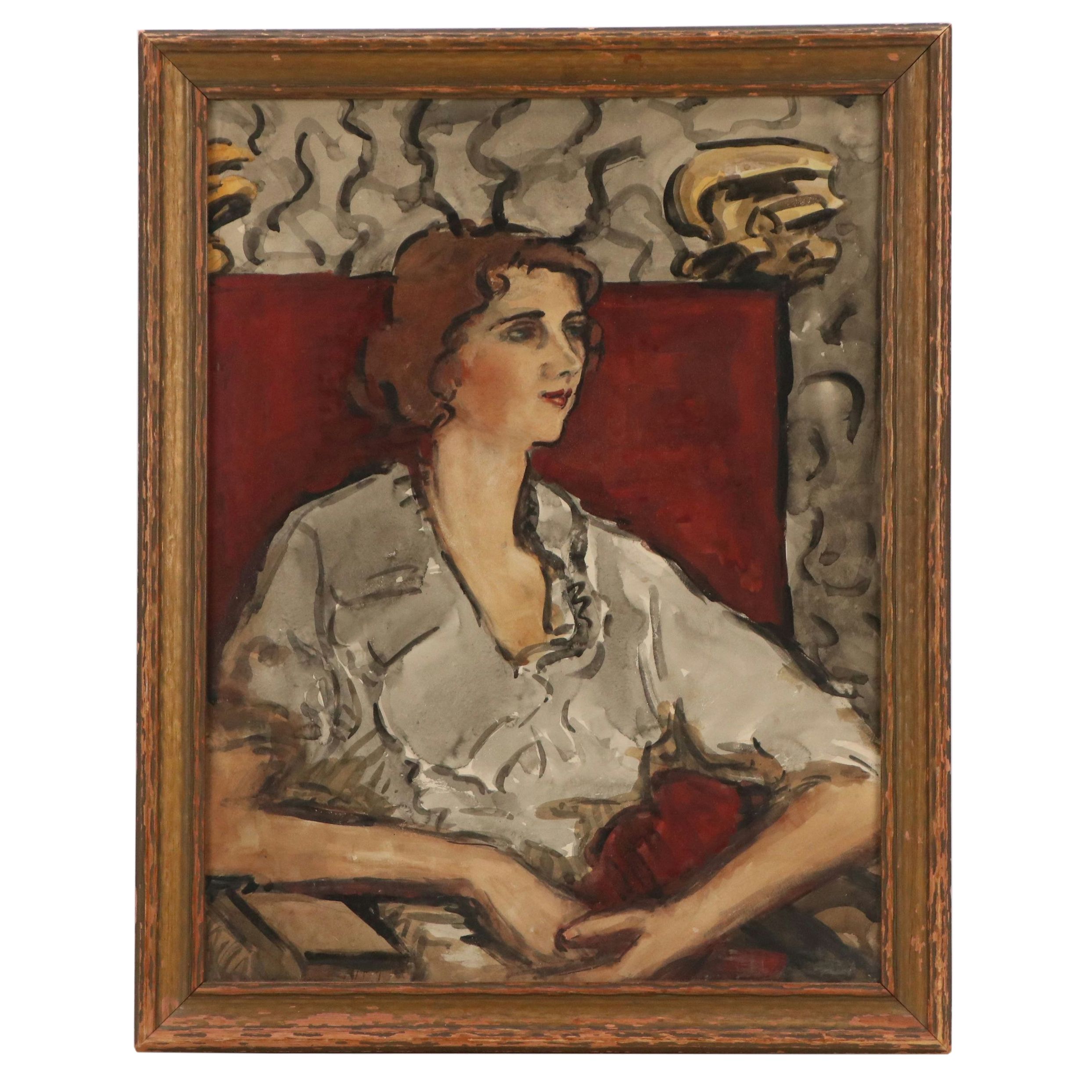 Watercolor Portrait of Woman in Gray Shirt, Mid-20th Century