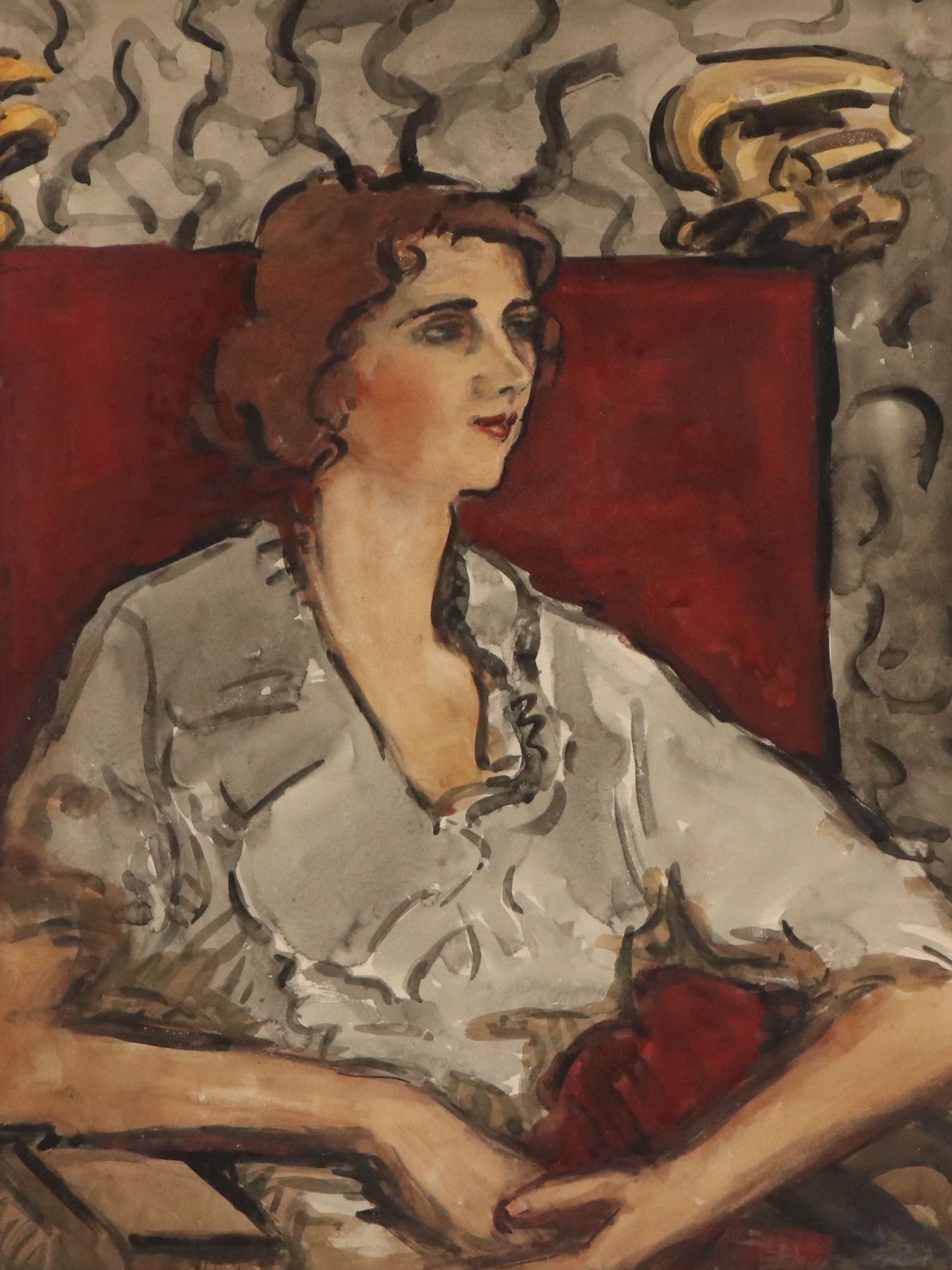 Watercolor Portrait of Woman in Gray Shirt, Mid-20th Century