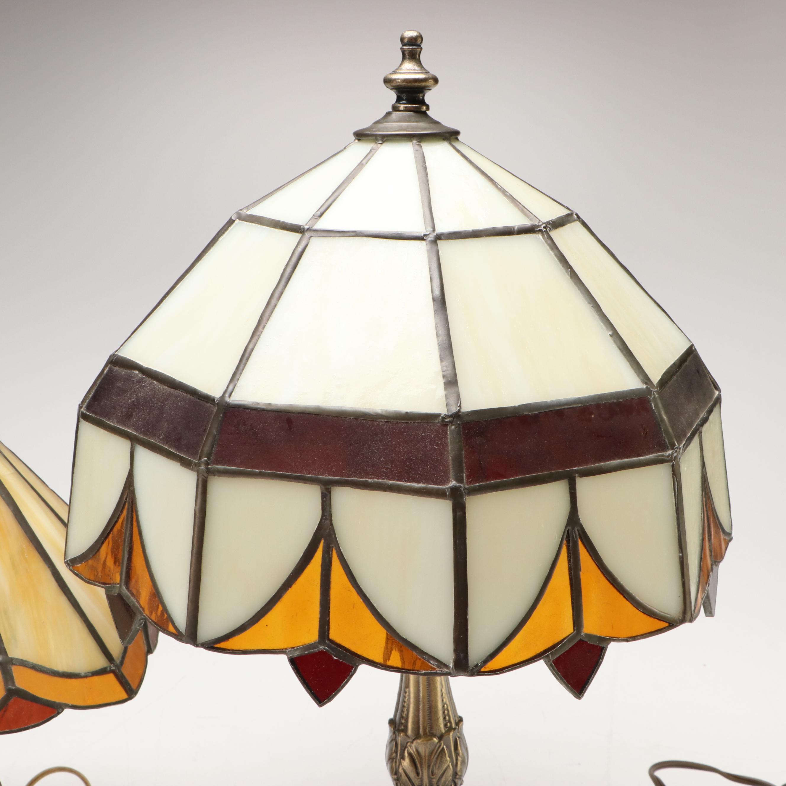 Pair of Brass Finished Metal Table Lamps with Slag Glass Shades