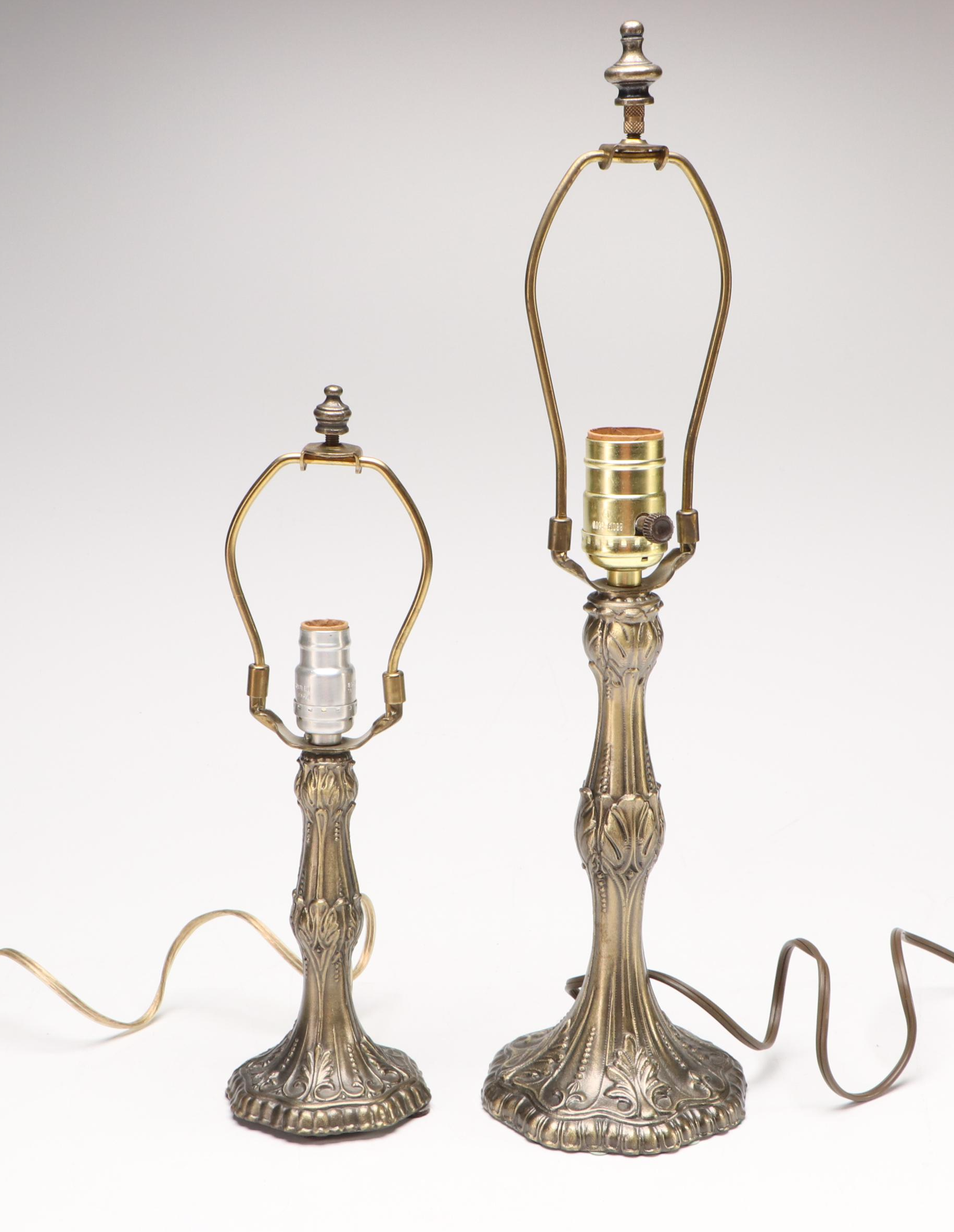 Pair of Brass Finished Metal Table Lamps with Slag Glass Shades