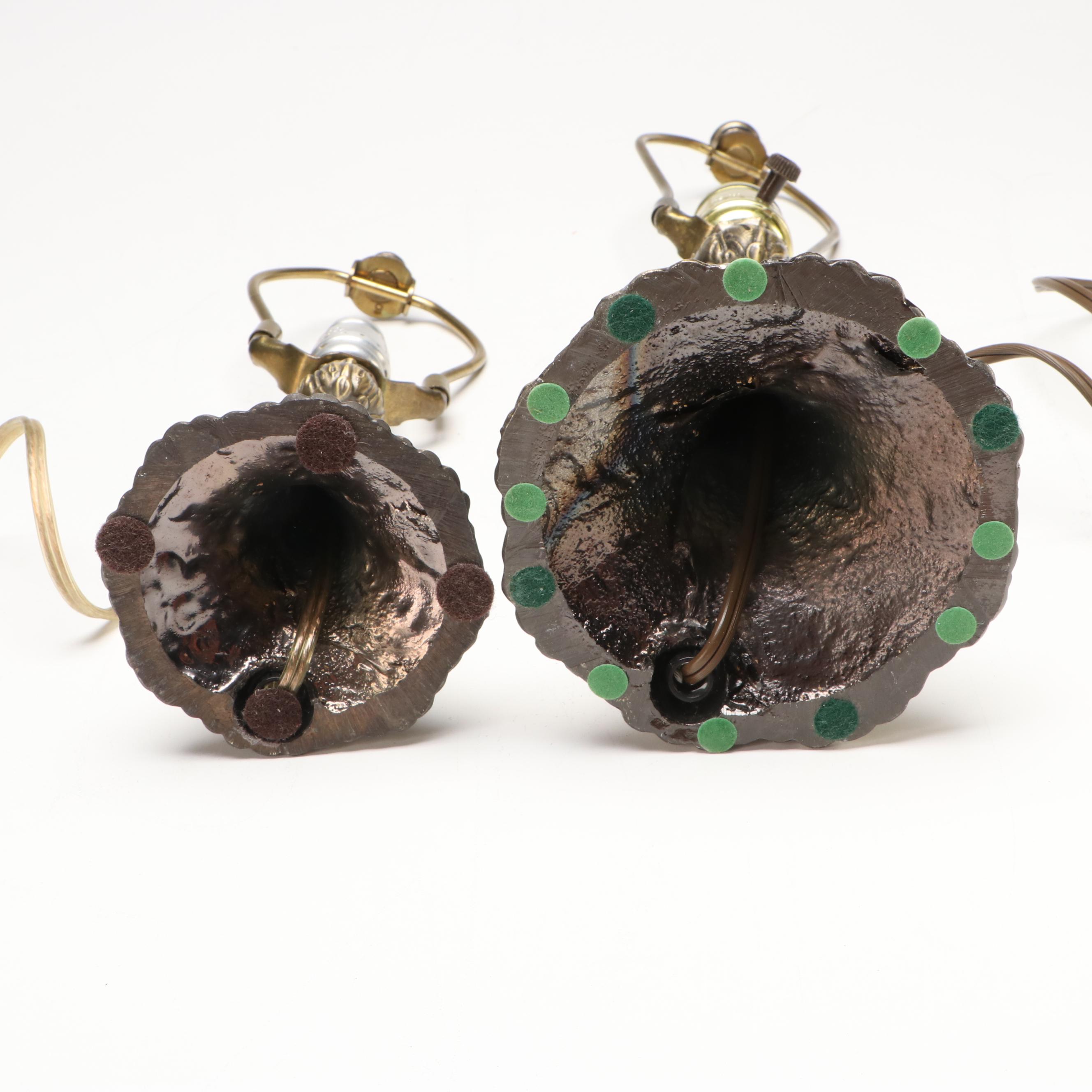 Pair of Brass Finished Metal Table Lamps with Slag Glass Shades