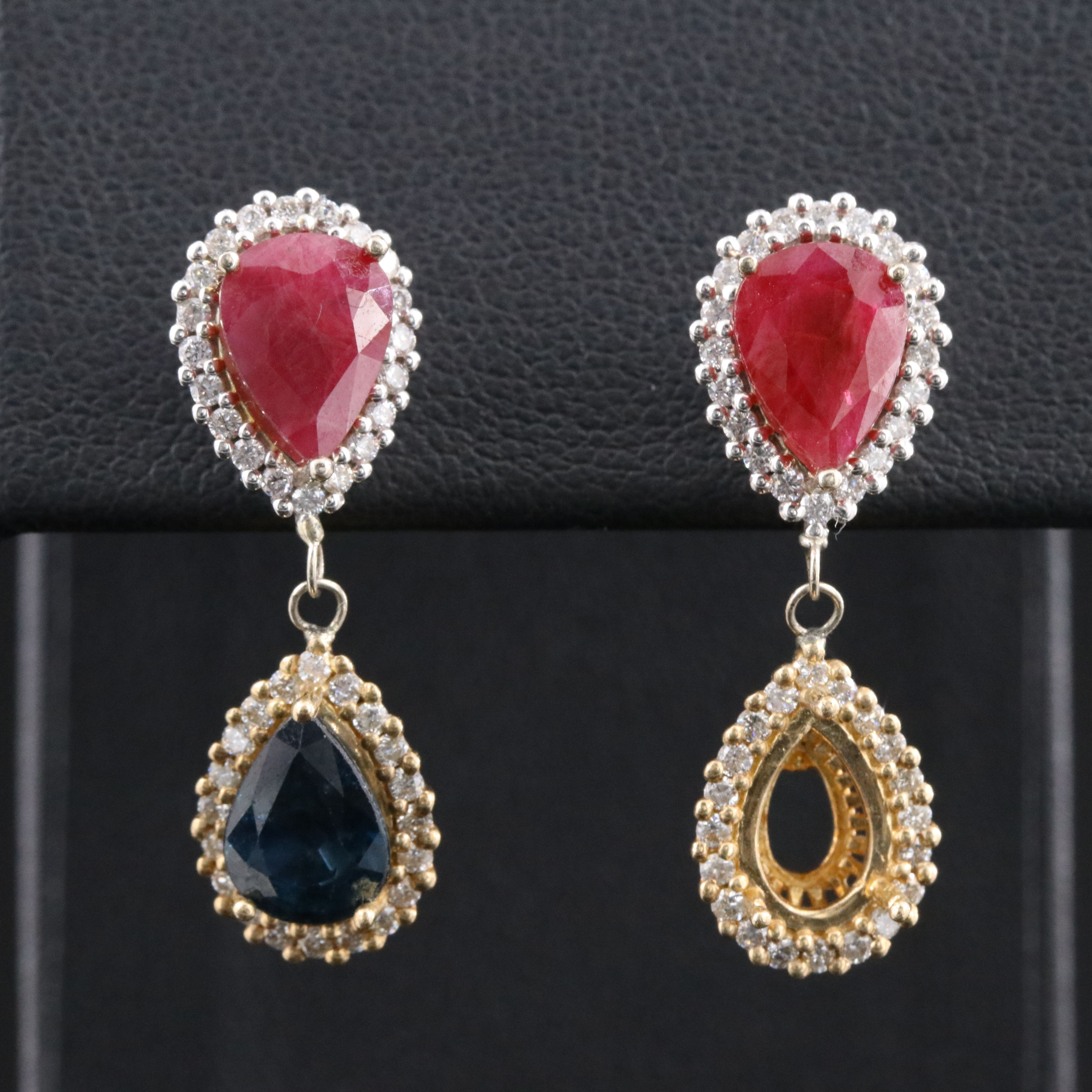 14K Two-Tone Sapphire, Filled Corundum, and Diamond Drop Earrings