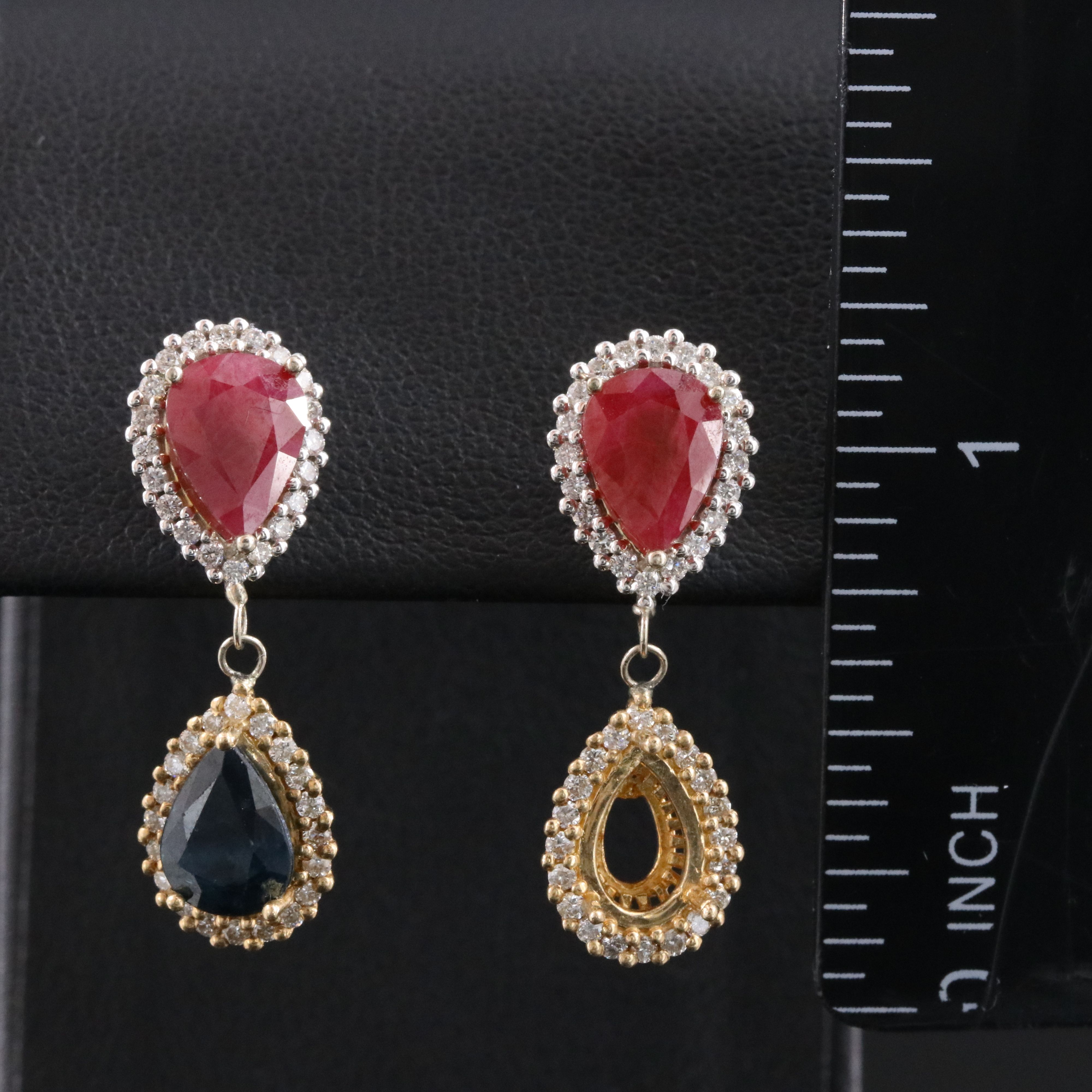 14K Two-Tone Sapphire, Filled Corundum, and Diamond Drop Earrings