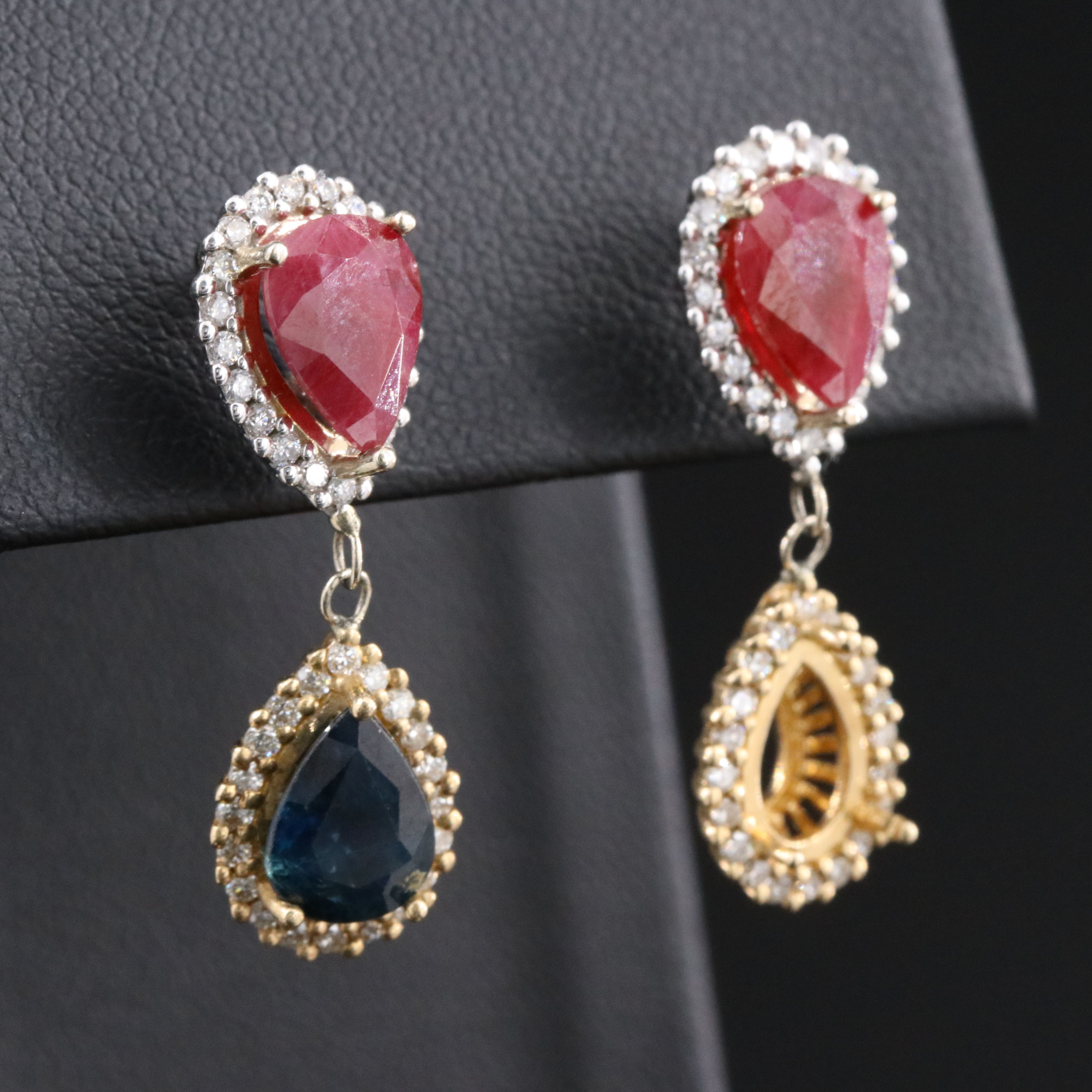 14K Two-Tone Sapphire, Filled Corundum, and Diamond Drop Earrings