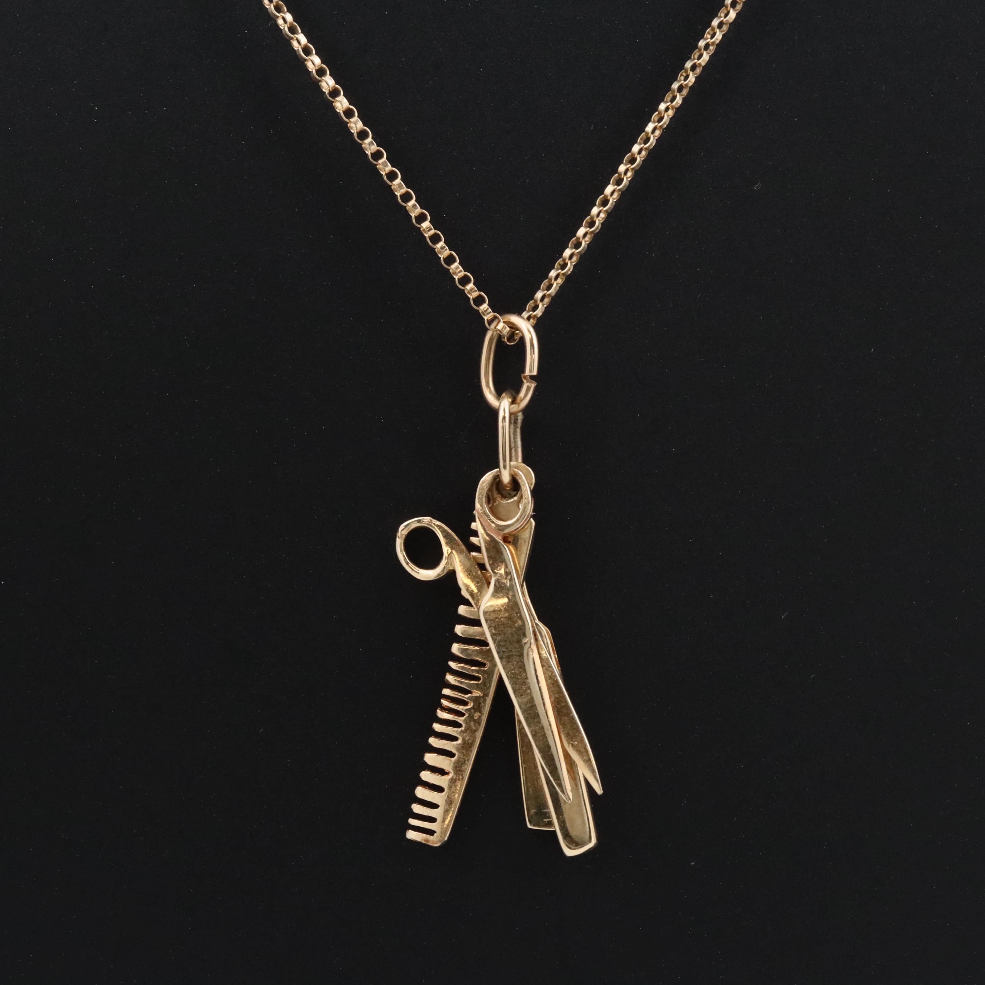 14K Razor, Comb and Scissor Charm Necklace