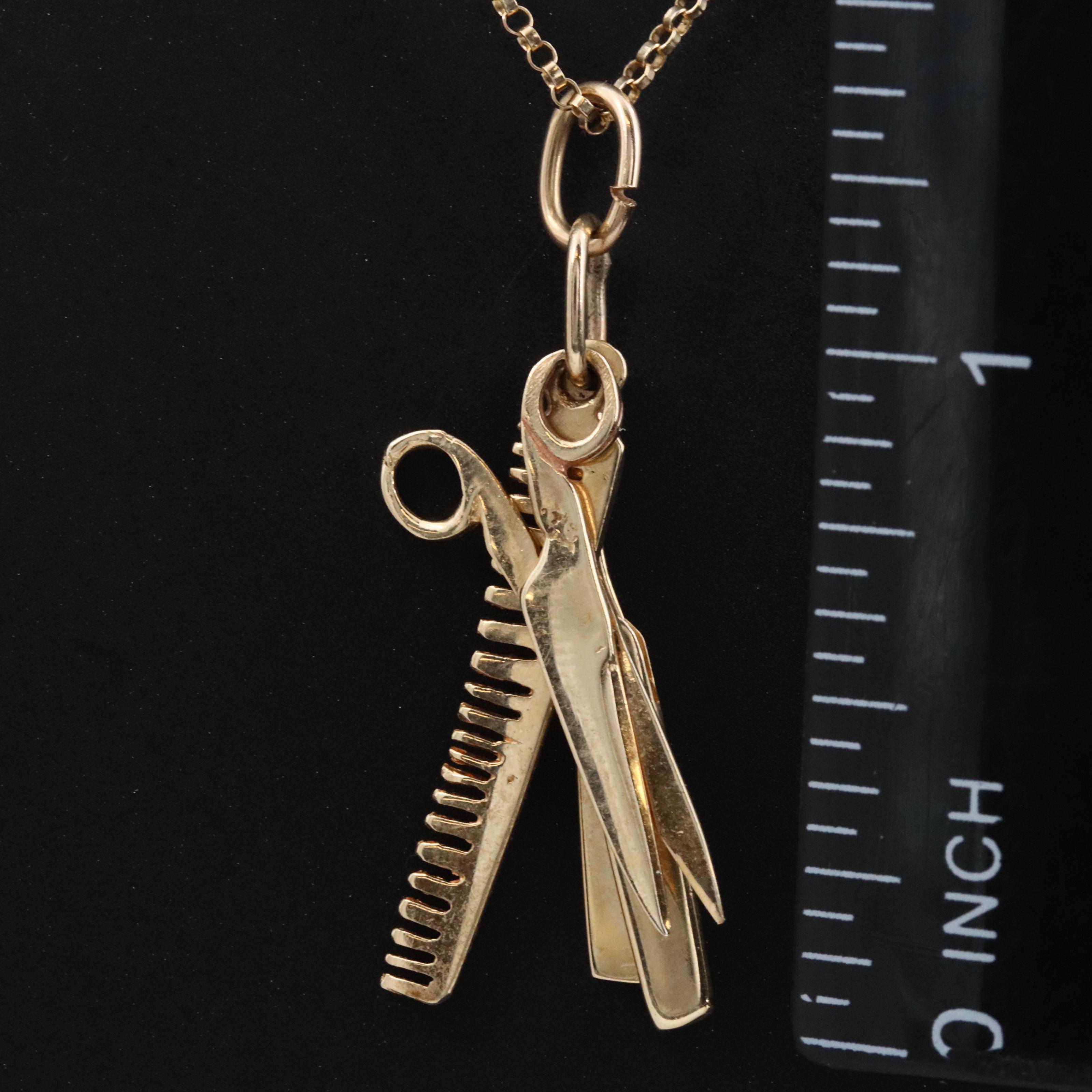 14K Razor, Comb and Scissor Charm Necklace